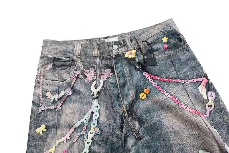 Design Blue 3D Printed Chain Washed Baggy Jeans