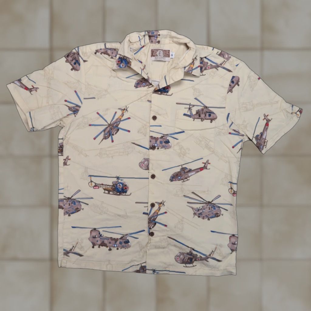 VINTAGE Kalaheo Shirt Mens Medium Brown Tan Military Helicopters Choppers Camp Shirt Casual