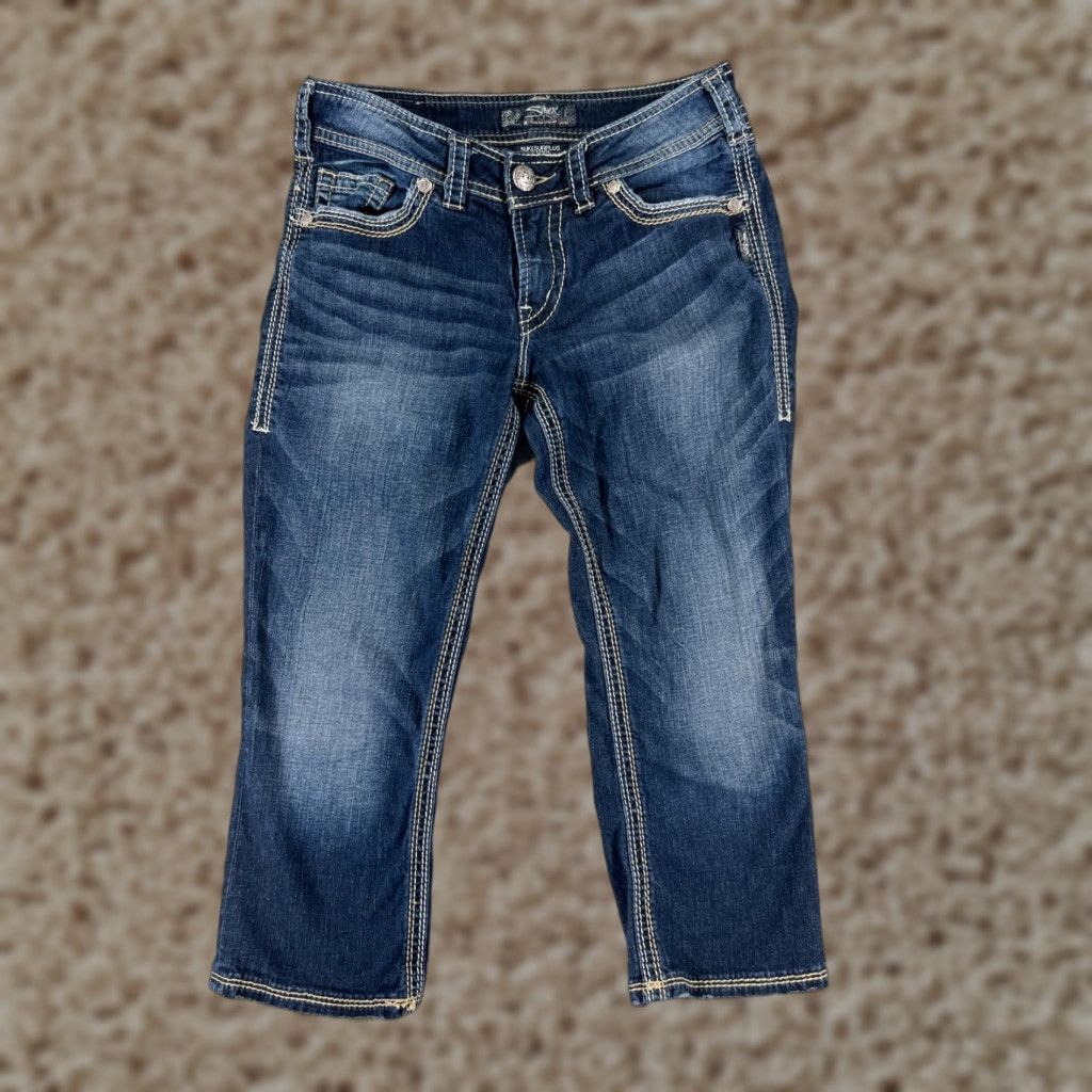 Silver Jeans Co. Silver Jeans Suki Capri Jeans Womens 26 Blue Denim Cotton Blend Embellished Embroidered Logo 5-Pocket Regular Stretch Size 26" / US 2 / IT 38 - 1 Thumbnail