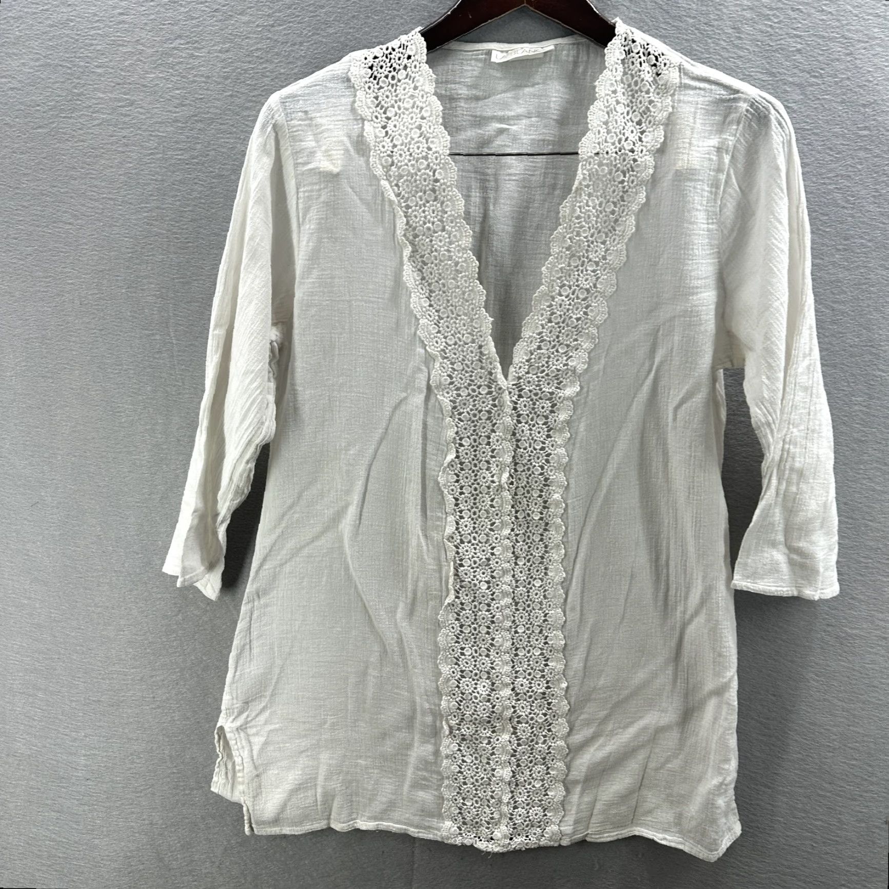 Vintage La Blanca Tunic Blouse Womens Large White Crochet Lace Trim Cover-Up Beach Boho Size L / US 10 / IT 46 - 2 Thumbnail