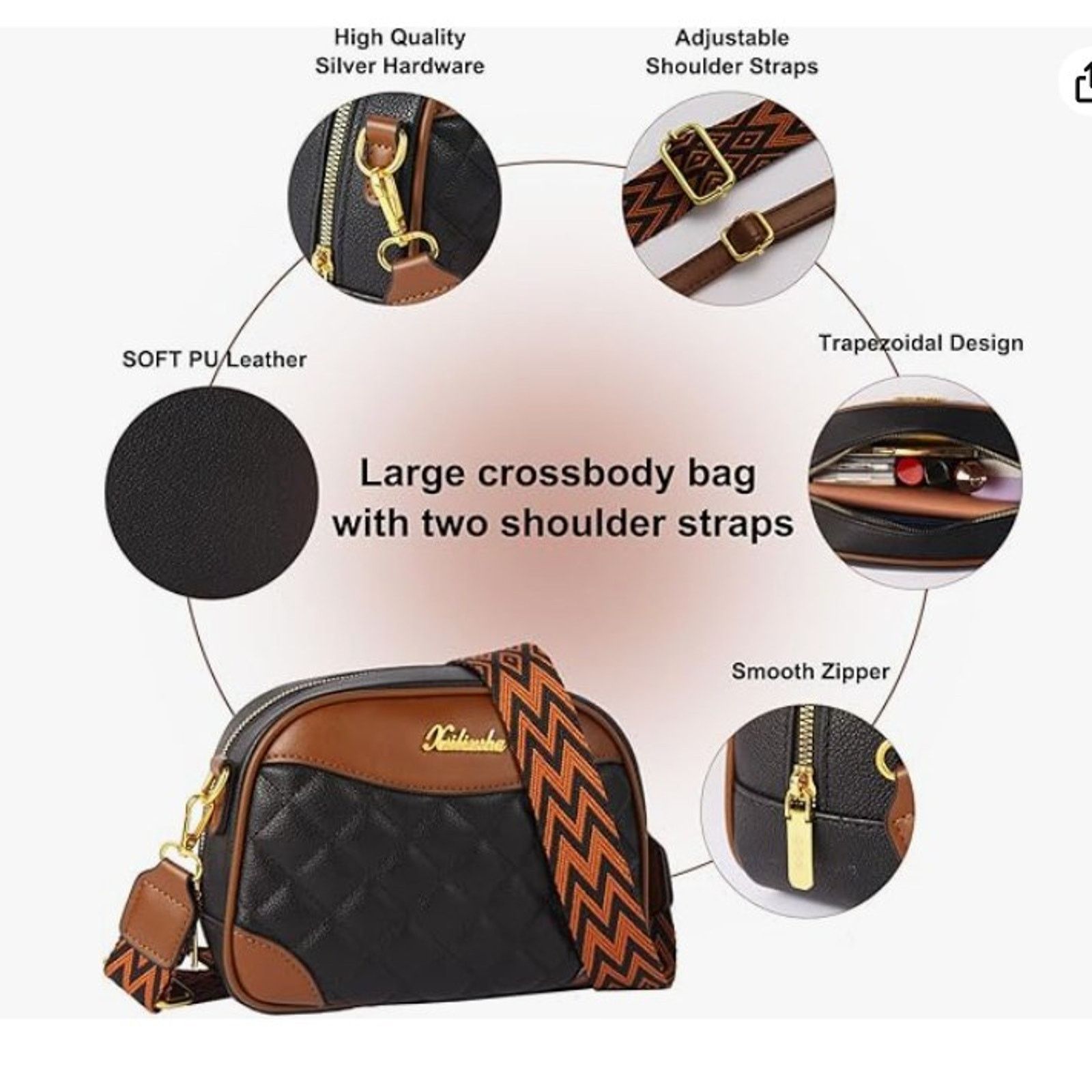 The Unbranded Brand Quilted crossbody bag shoulder bag, wide straps, Black Size ONE SIZE - 3 Thumbnail