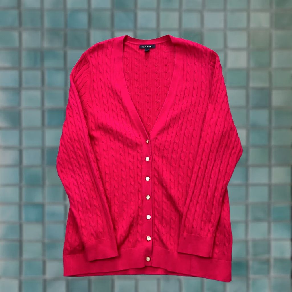 Lands' End Lands' End Cardigan Sweater Womens XL Plus Pink Cable Knit Cotton Button Front V-Neck Knit Size XL / US 12-14 / IT 48-50 - 1 Thumbnail