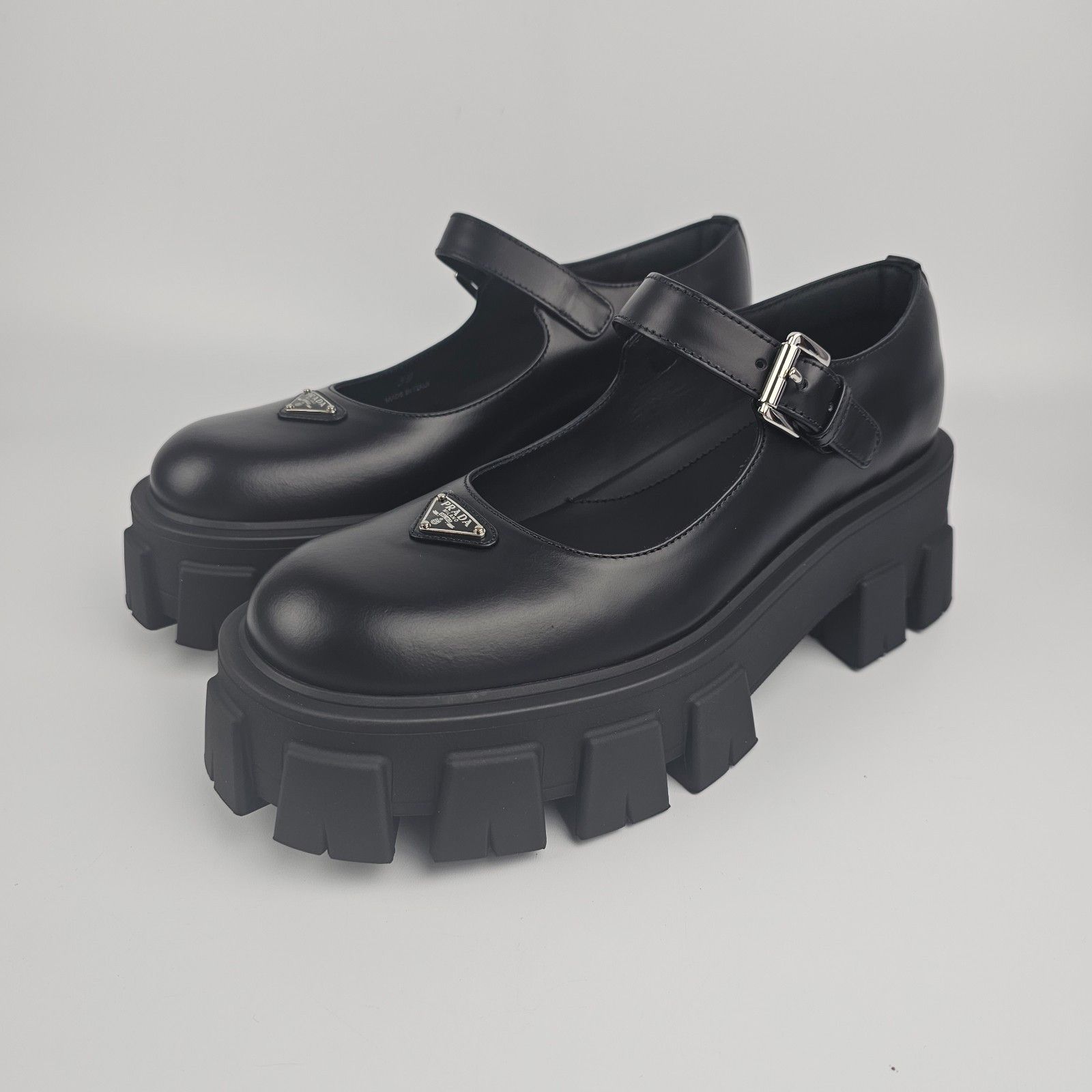 PRADA $1200 Black Brushed Leather Monolith Mary Janes New &