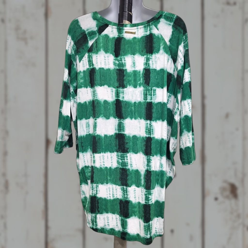 Michael Kors Michael Kors Blouse Women's Size M Knit Top 3/4 Sleeve Hi Low Tie-Dye Green Multi-Color Geometric Pattern Size M / US 6-8 / IT 42-44 - 1 Thumbnail