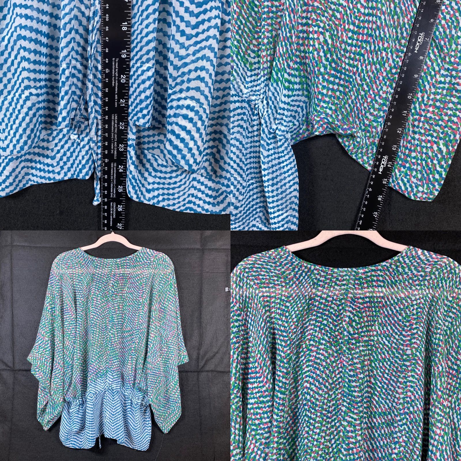 Vintage CAbi Blouse Multi Geometric Drop Waist Kimono Sheer V-Neck Stretch S Girl/Women’s? (recheck) Size S / US 4 / IT 40 - 8 Thumbnail