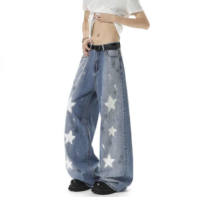 Japanese Brand American men's street loose straight star graffiti jeans Size US 32 / EU 48 - 2 Thumbnail