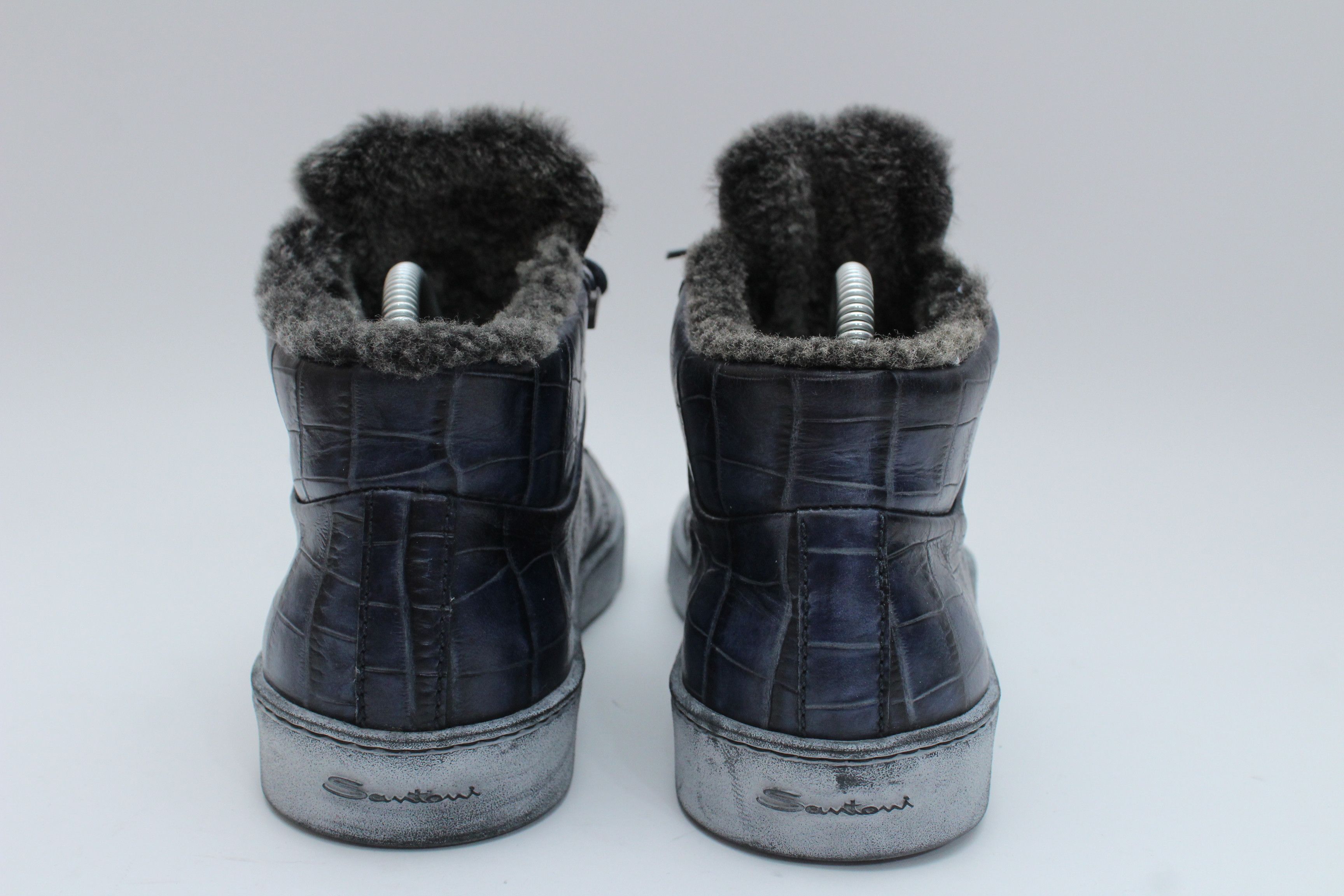 Santoni Santoni Navy Crocodile Embossed Leather Fur Lined Sneakers Size US 8 / EU 41 - 11 Thumbnail