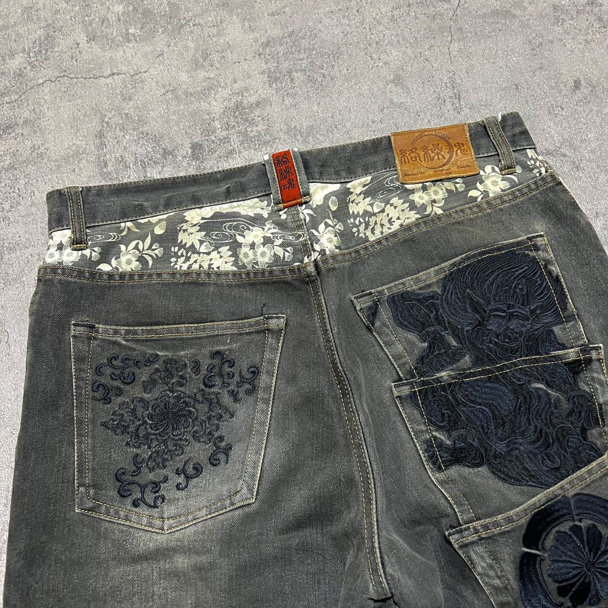 Japanese Brand Karakuri Tamashii Multi Pocket Oni Embroidery Baggy Jeans Size US 36 / EU 52 - 7 Thumbnail