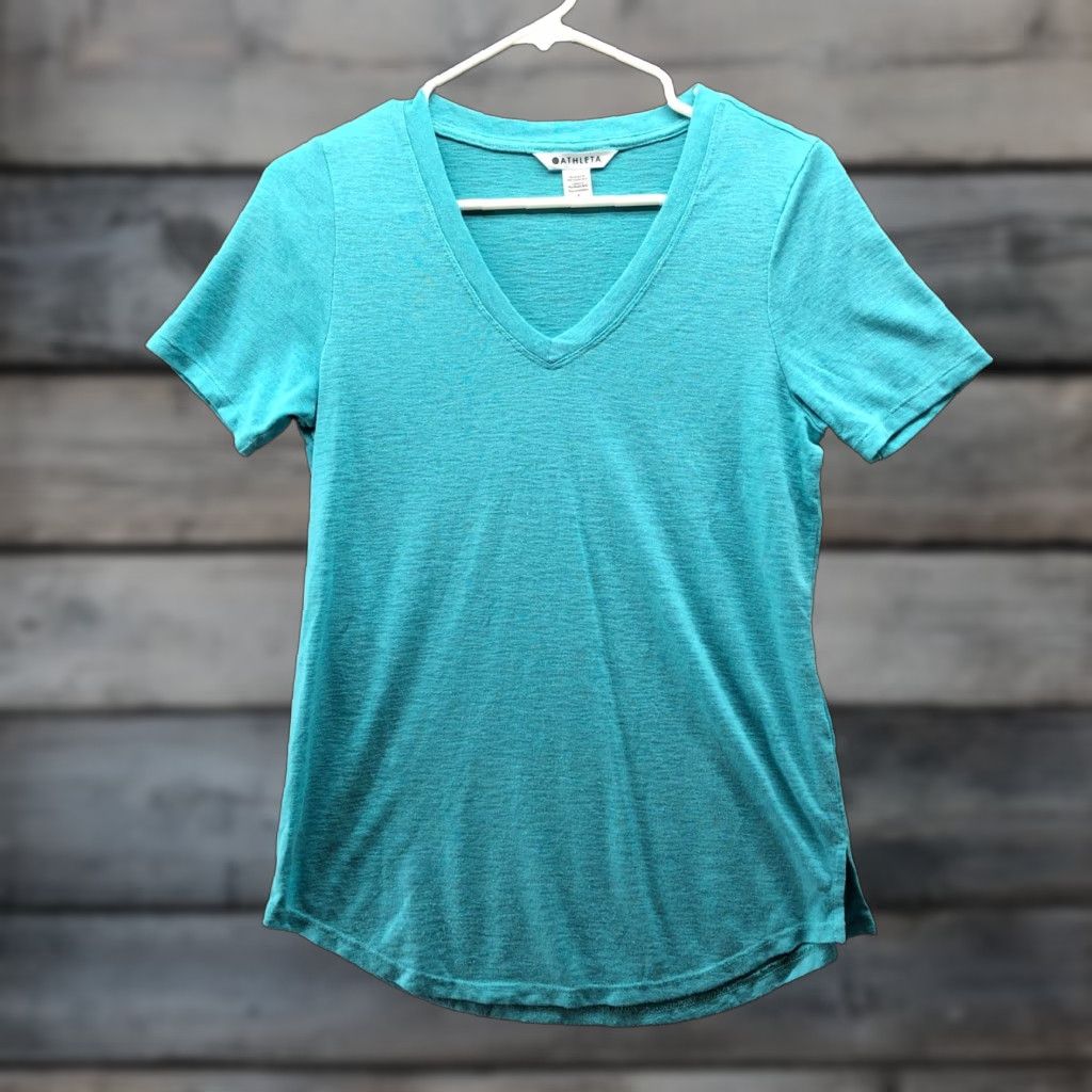 Athleta VINTAGE? Athleta Breezy V Neck T Shirt Womens S Blue Short Sleeve Slub Round Hem Size S / US 4 / IT 40 - 1 Thumbnail