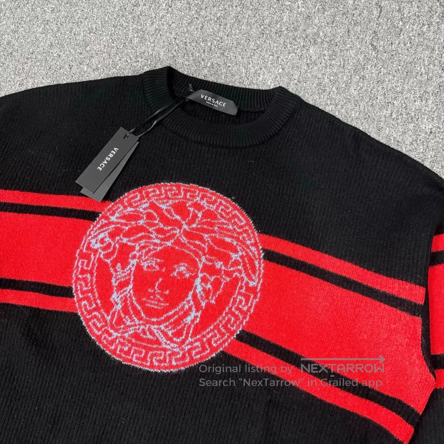 Versace Black Long Sleeve Sweater with Red Stripe & Medusa. Size US L / EU 52-54 / 3 - 3 Thumbnail