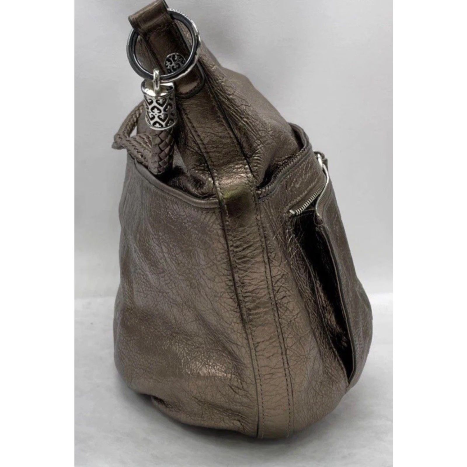 Brighton Brighton Hobo Bag Braided TopHandle Metallic Bronze Pebble Leather Purse Women Size ONE SIZE - 4 Thumbnail