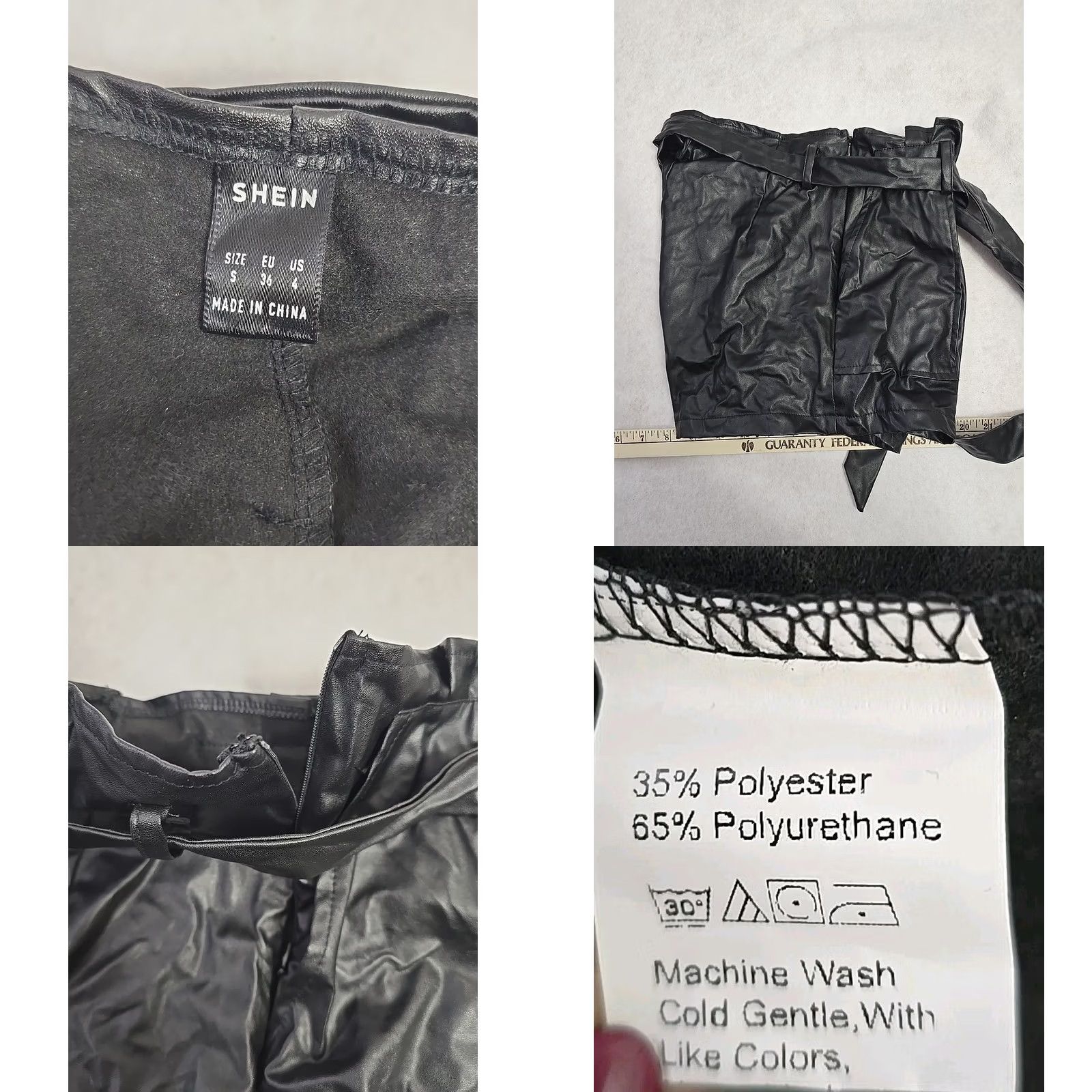 Shein SheIn Faux Leather Belted Shorts Black High Rise Size Small Slashed Pocket Paperbag Casual Women, 90s Theme Size 28" / US 6 / IT 42 - 9 Thumbnail