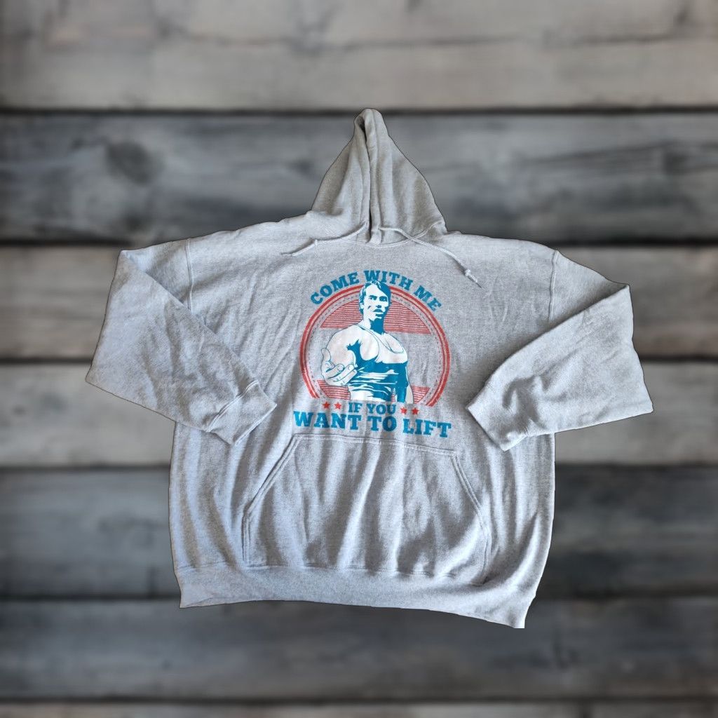 Gildan VINTAGE Arnold Schwarzenegger Gym Hoodie Gray 2XL Pullover Graphic Print Weightlifting Mens Size US XXL / EU 58 / 5 - 1 Thumbnail