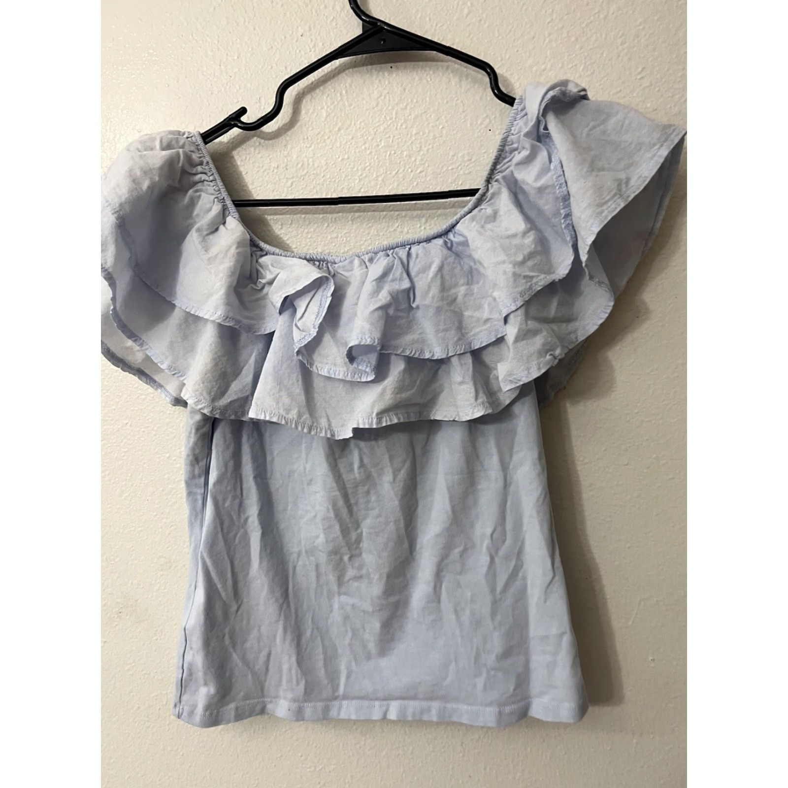 H&M H&M Blouse Shirt Short Sleeve Ruffle Blue Women Large 100% Cotton Wide Shoulder Women's Blouse Top Size L / US 10 / IT 46 - 3 Thumbnail
