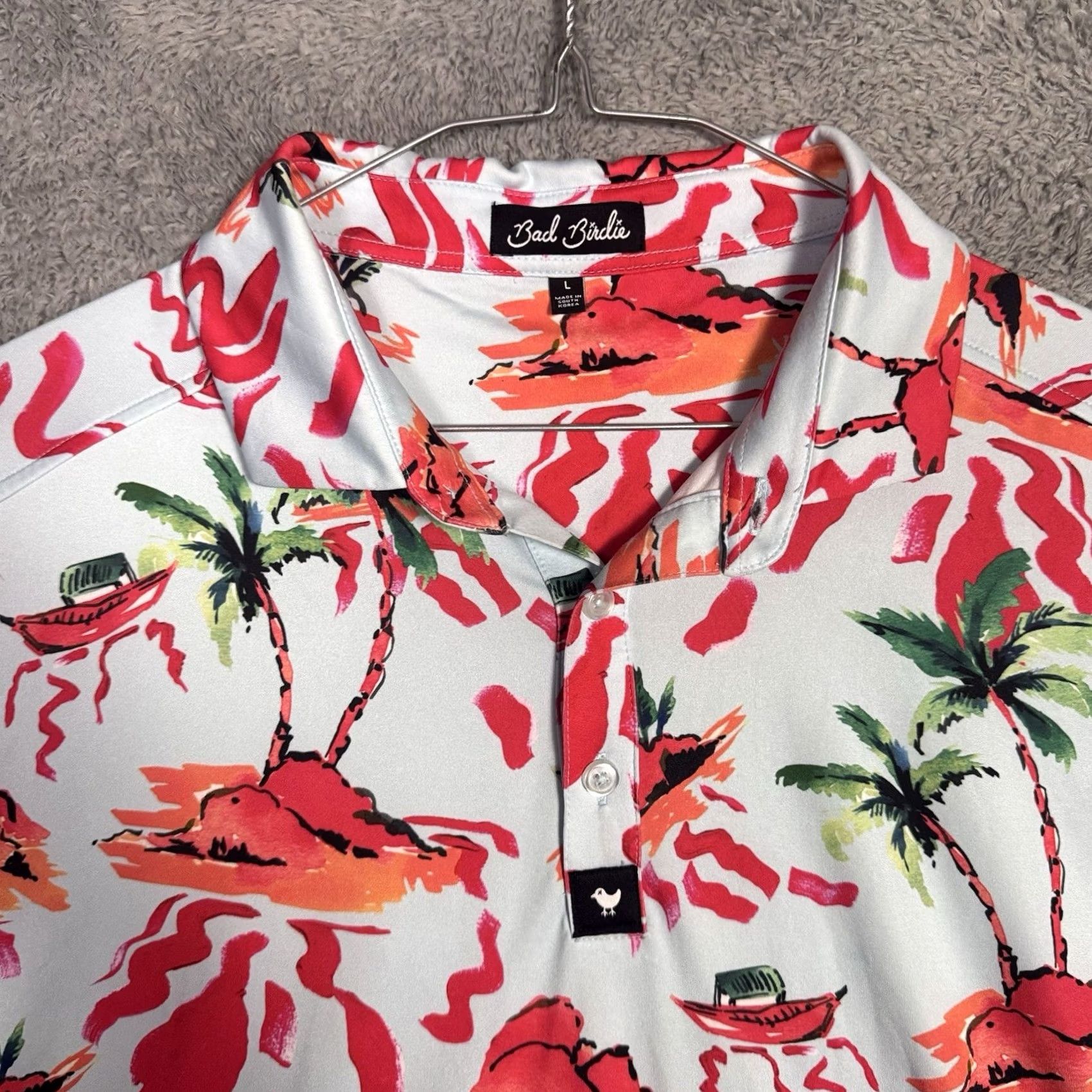 Vintage Bad Birdie Polo Shirt Men’s L Palm Trees Hawaiian Geometric All Over Beach Polo Shirt Mens L Red Geometric Beach 90s? Size US L / EU 52-54 / 3 - 2 Thumbnail
