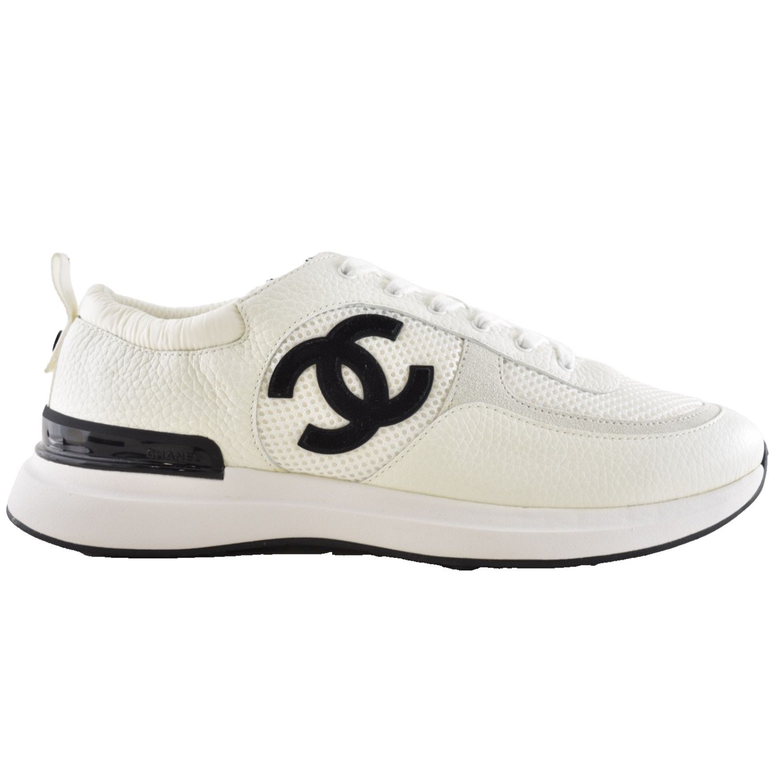 Chanel 21S Mens White Black Leather CC Logo Lace Low Top