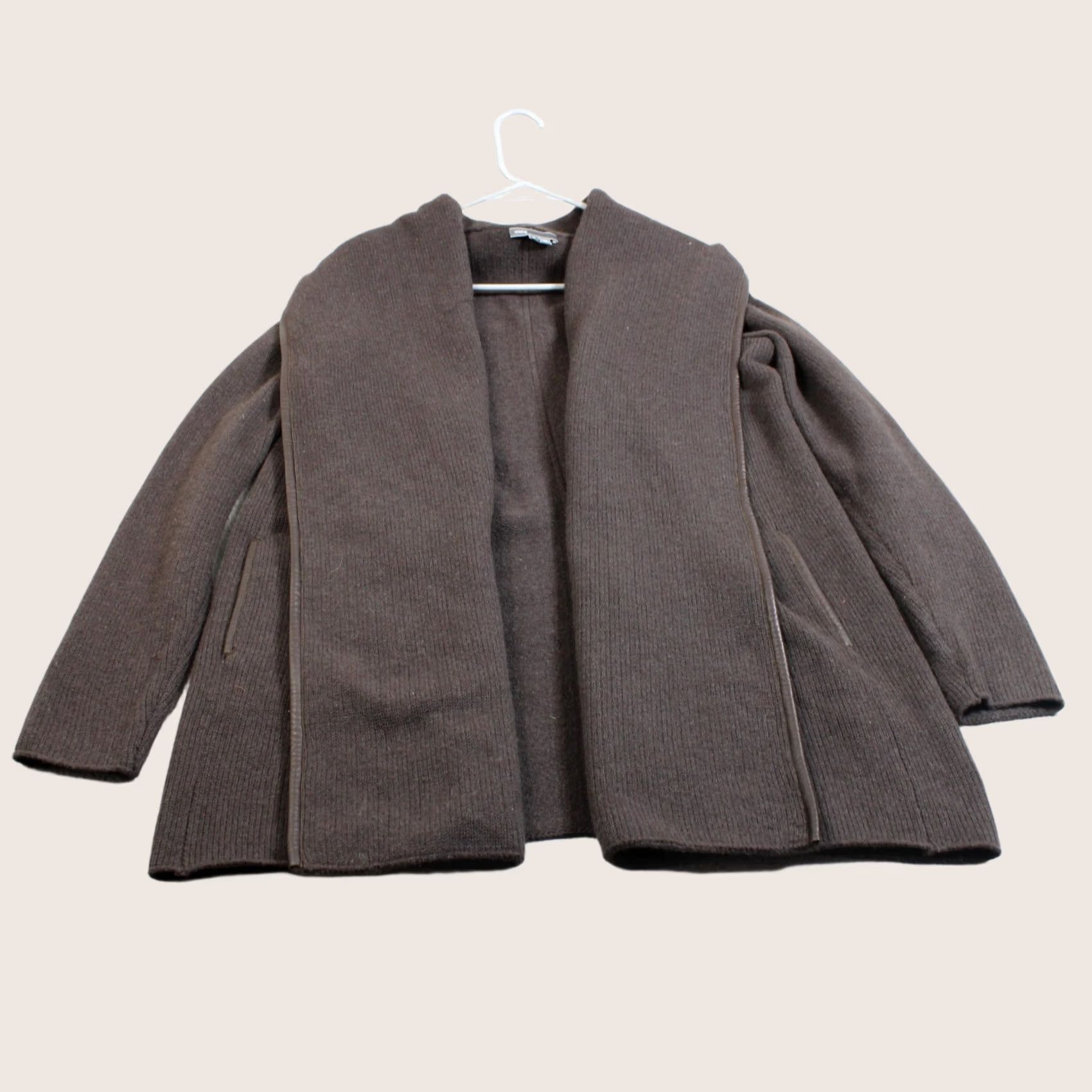 Vince Vince Cardigan Women Small Brown Open Knit Wool Yak Leather Sleeve Asymmetrical Pockets V-Neck Winter Modern Bohemian Preppy Shirt/Sweater Size S / US 4 / IT 40 - 1 Thumbnail