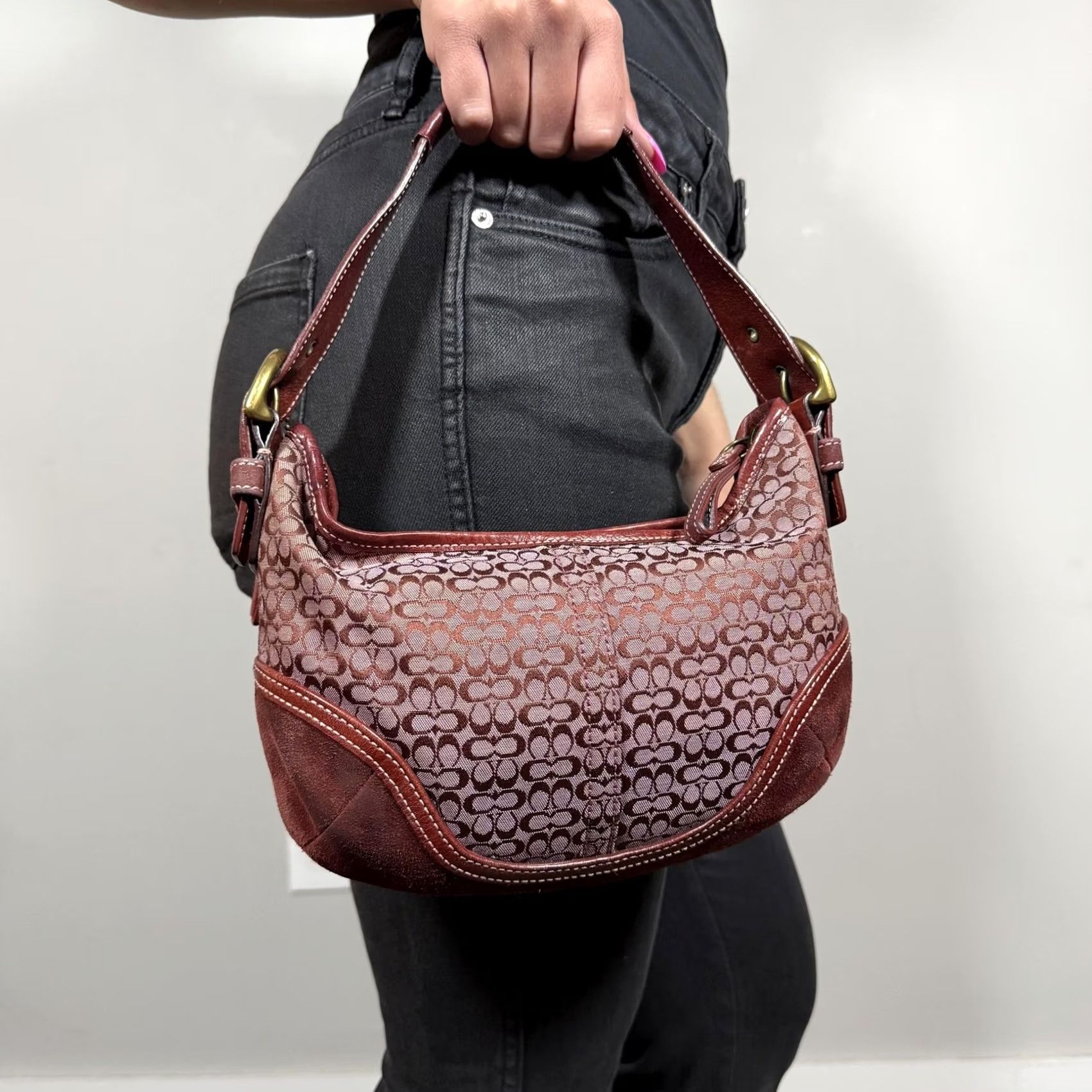 Coach VINTAGE Coach Signature Avary Hobo Bag Small Burgundy Jacquard Suede Shoulder Women XS? Size ONE SIZE - 2 Thumbnail