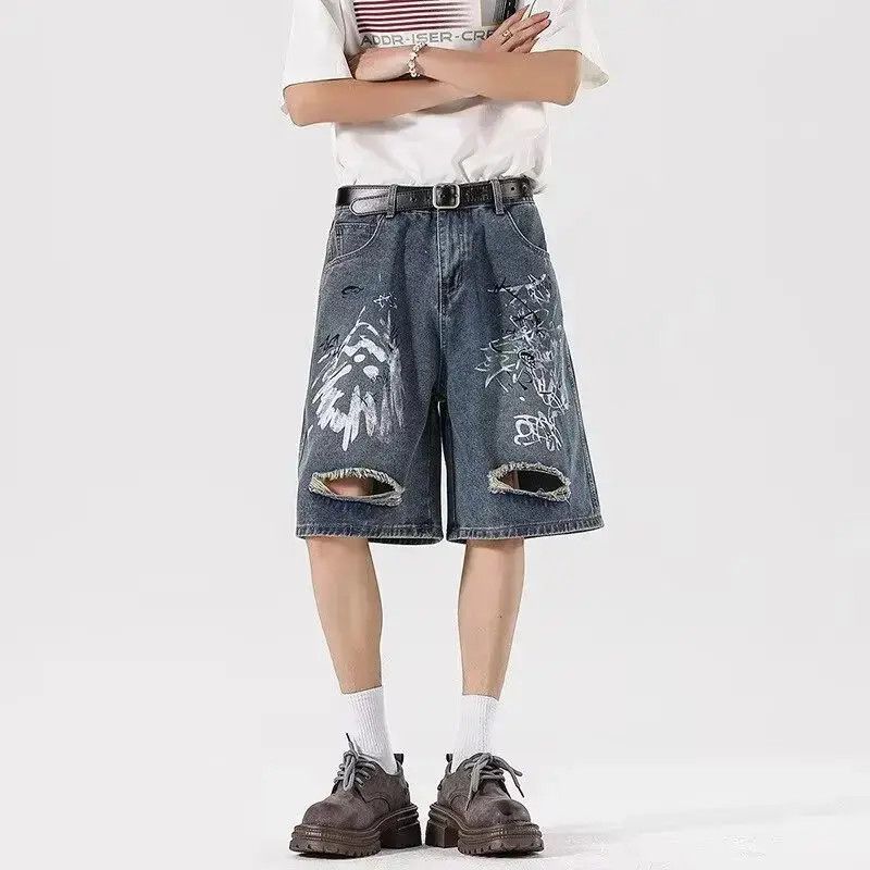 Japanese Brand Retro loose ripped graffiti denim shorts Size US 32 / EU 48 - 3 Thumbnail