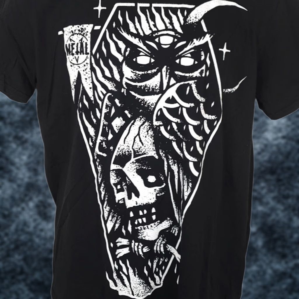 Anvil Owl Skull Coffin T Shirt Mens Size Medium Black Metal Pentagram Pagan Occult Size US M / EU 48-50 / 2 - 1 Thumbnail