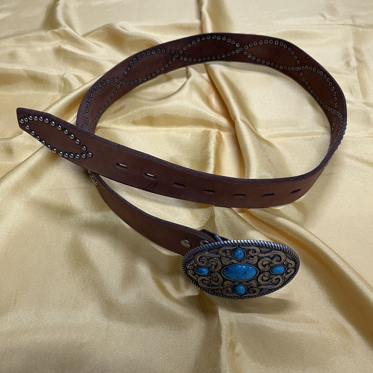 Vintage Rare Leather Studded Belt Gemstone Buckle Size 30 - 2 Thumbnail