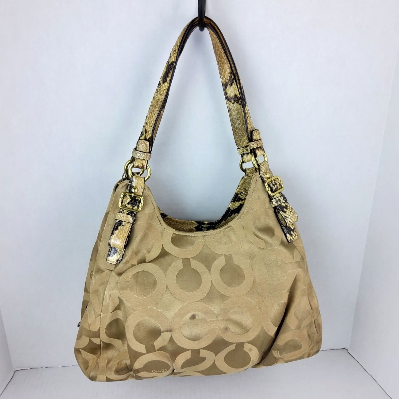 Coach Coach Op Art Snake Trim Shoulder Bag Purse, Signature 17689, Brown, Women, Fabric, Shoulder Bag, Snake Theme, 14x9.5x4, Pre-owned Size ONE SIZE - 3 Thumbnail