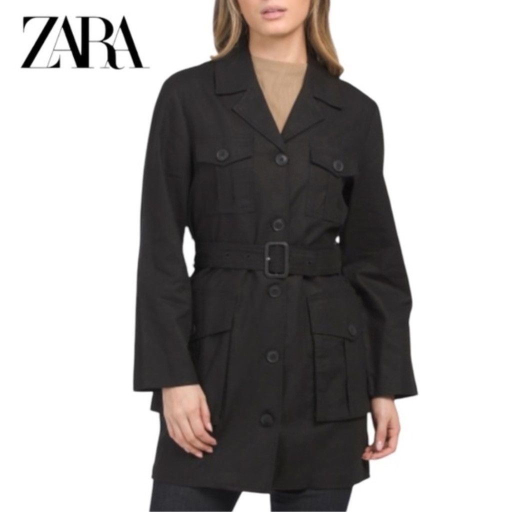 Zara Zara Women's Black Linen Utility Long Jacket with belt Sz M Size L / US 10 / IT 46 - 1 Thumbnail