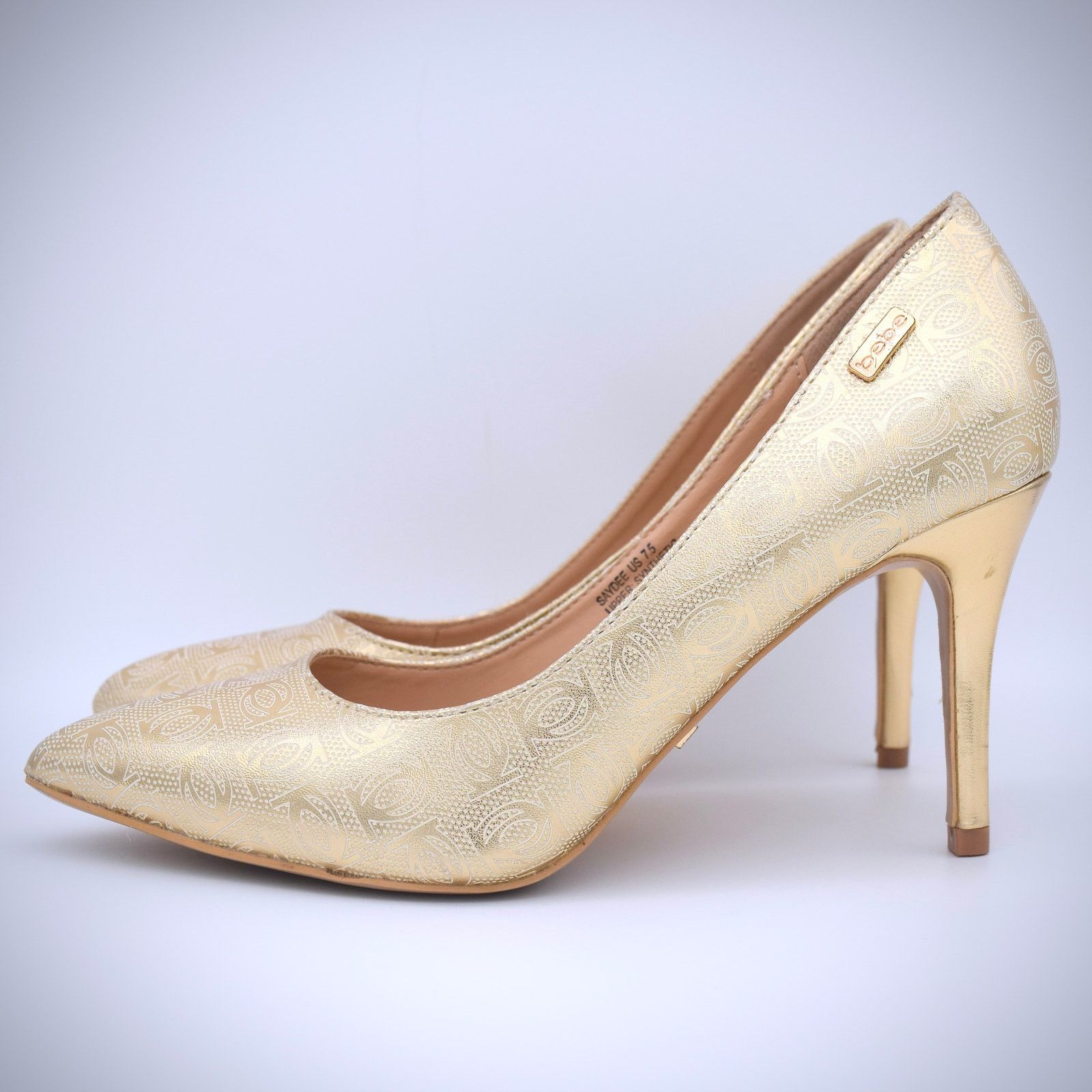 Bebe Bebe Saydee Logo Pumps Heels 7.5 Gold Vegan Stiletto Classic Size US 7.5 / IT 37.5 - 4 Thumbnail