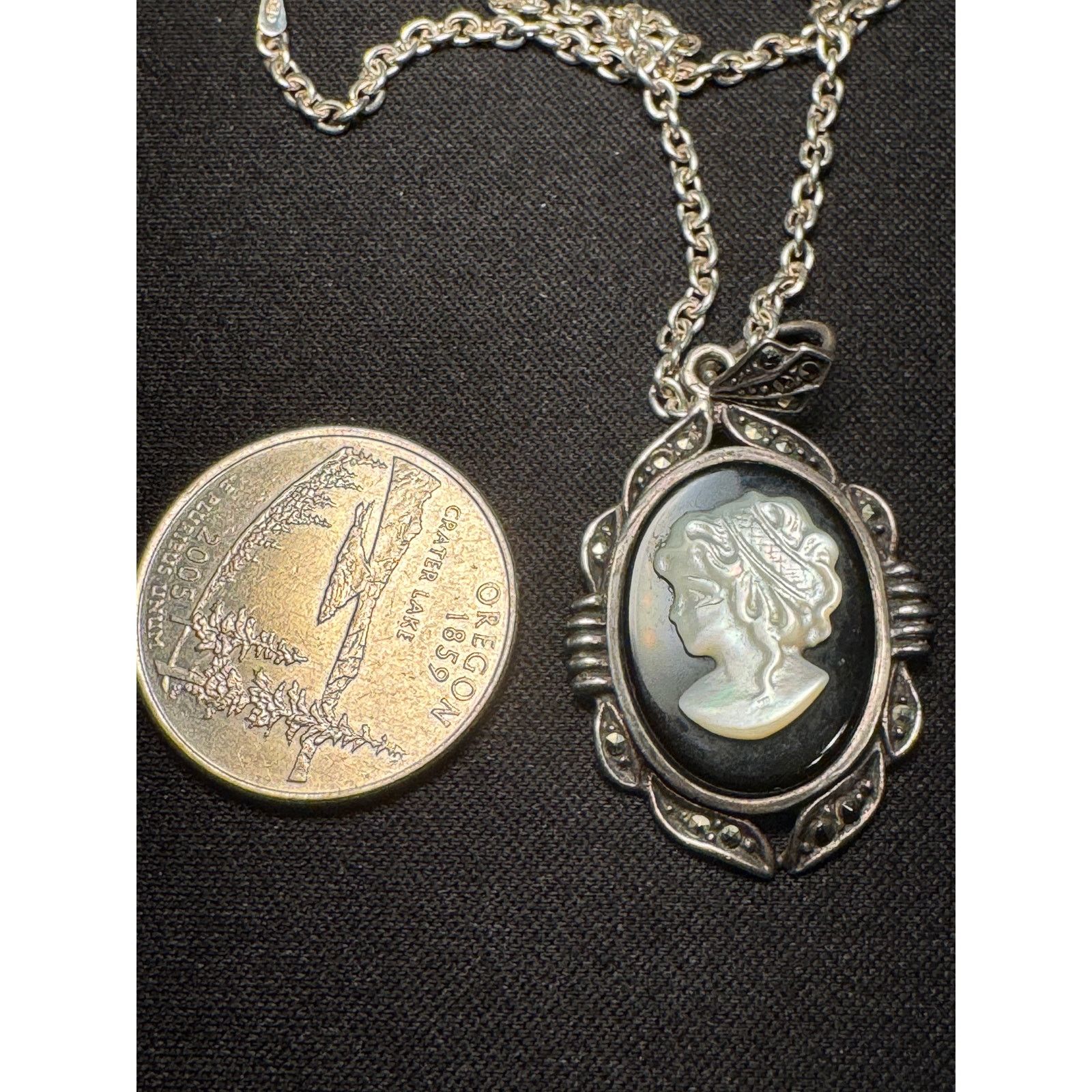 Other 925 Italy Sterling Silver MOP Onyx Marcasite Cameo Necklace Size ONE SIZE - 2 Thumbnail
