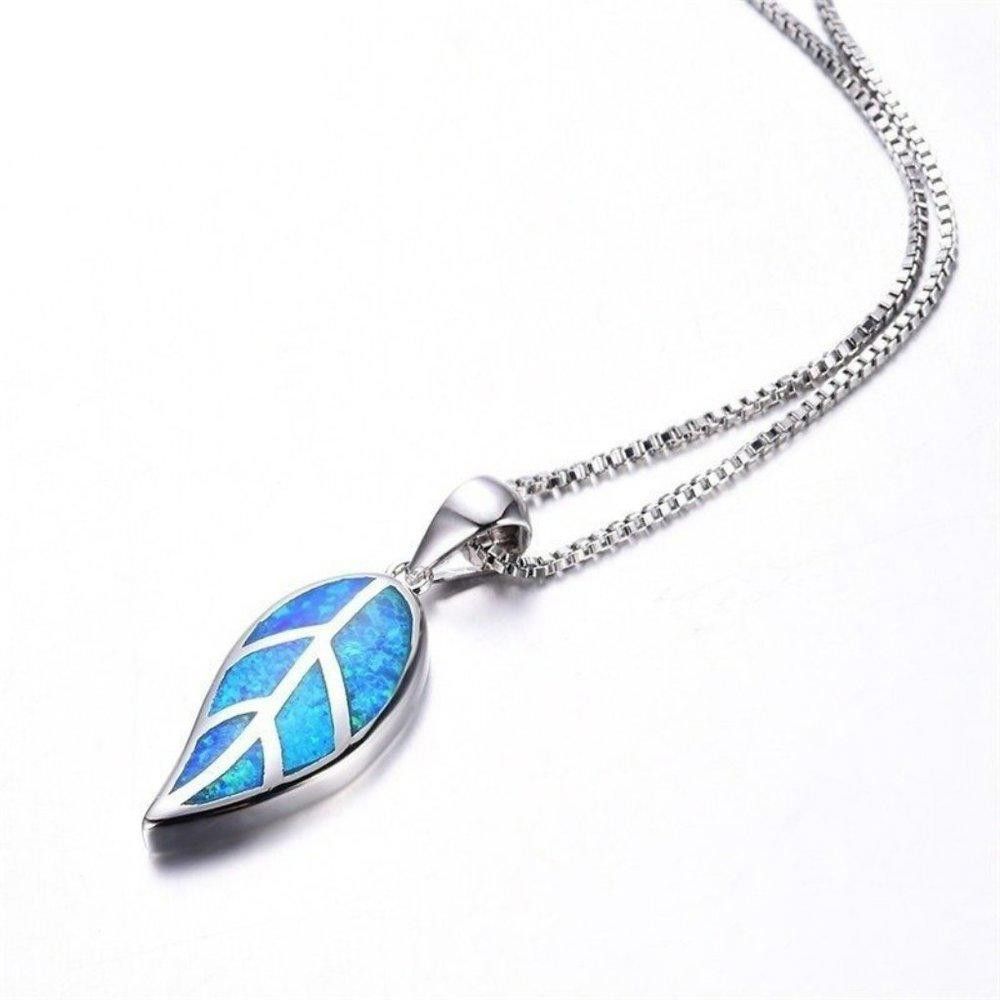 Designer Blue Opal Leaf Silver Necklace & Chain Size ONE SIZE - 3 Thumbnail