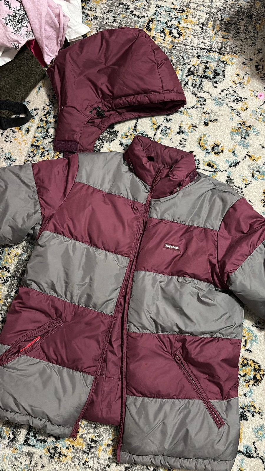 image of Supreme Striped Reversible Puffy Jacket in Burgundy, Men's (Size Small)