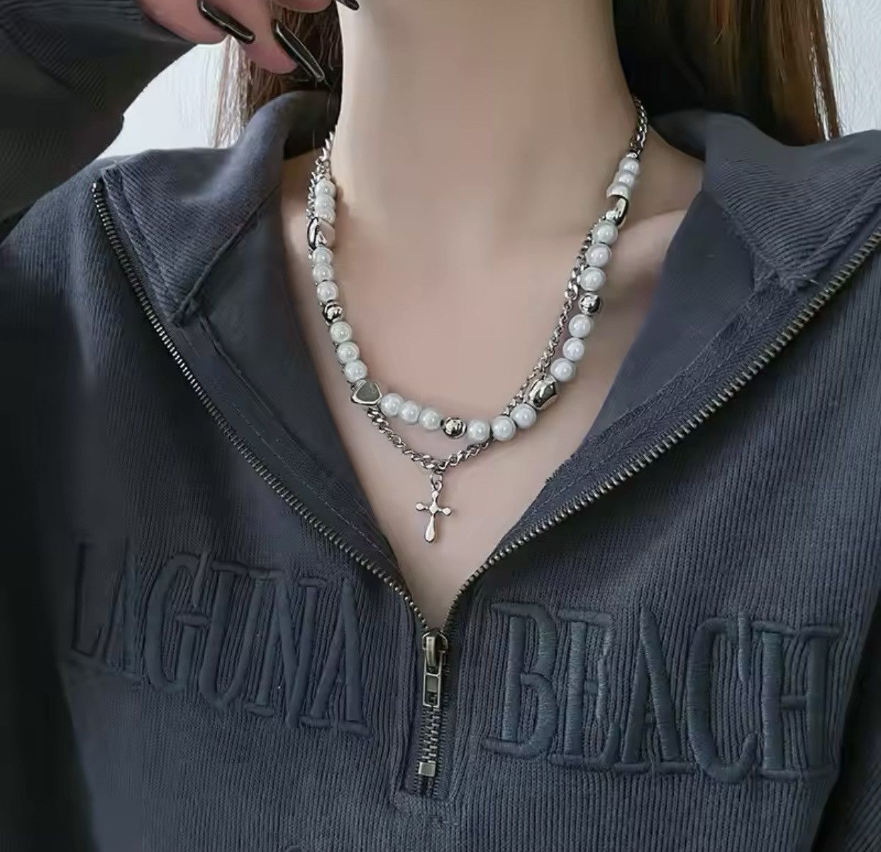 Jewelry × Vintage Hip Hop Double Layered Pearl Cross Necklace Size ONE SIZE - 3 Thumbnail