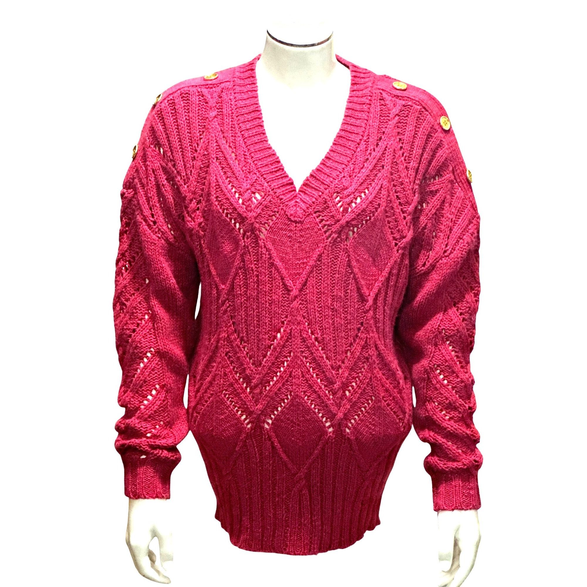 Venus Venus Small Raspberry Cable Knit Argyle V Neck Gold Button S Size S / US 4 / IT 40 - 2 Thumbnail