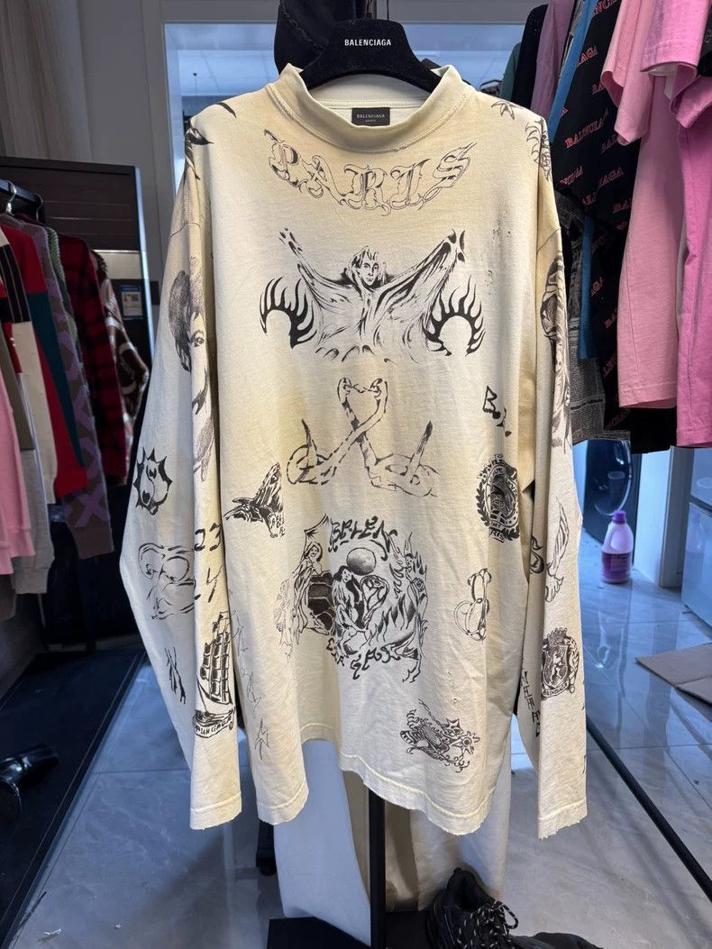 Balenciaga new 24ss dirty worn tattooed long sleeved shirt-