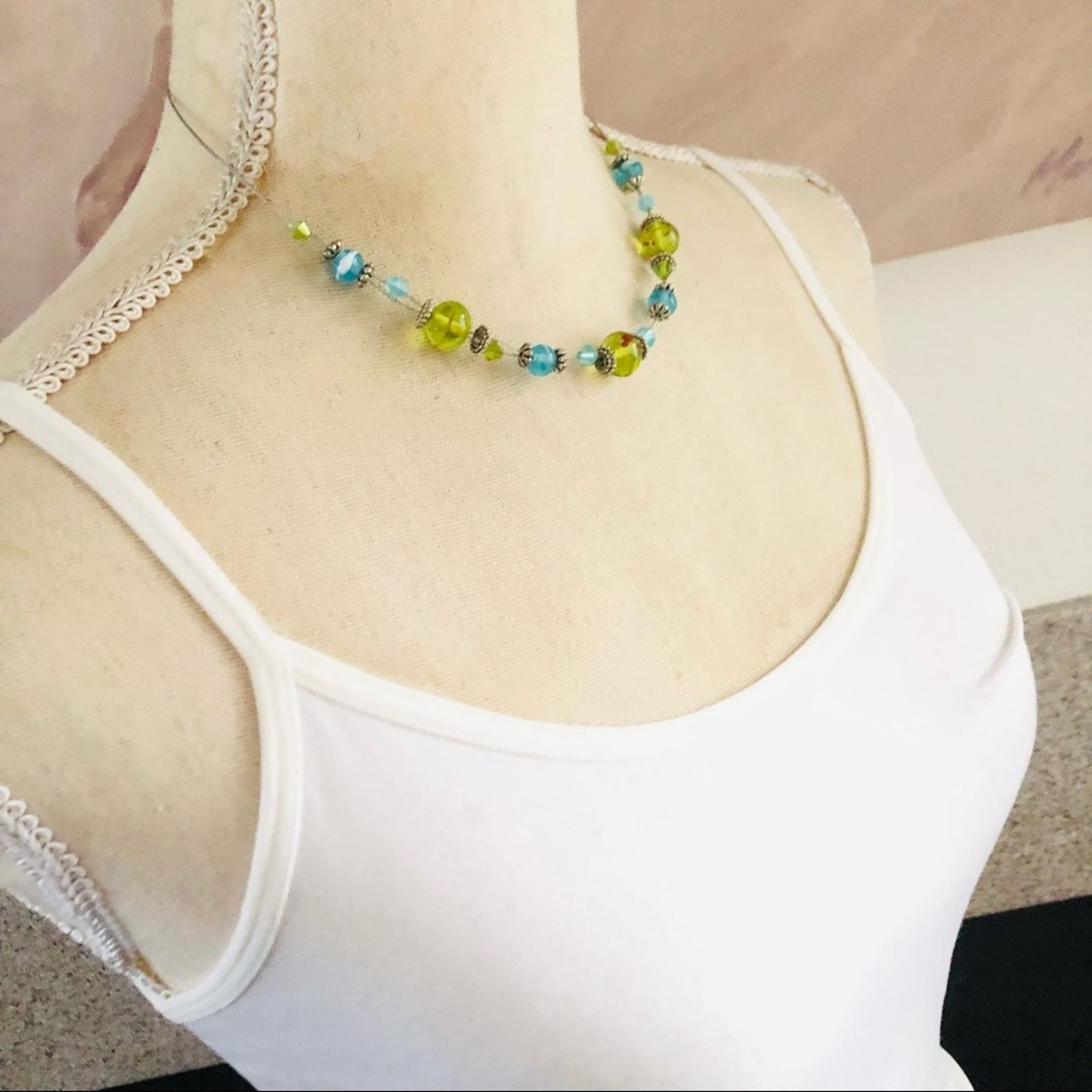 Jewelry Handcrafted forest green and baby blue glass bead necklace Size ONE SIZE - 2 Thumbnail