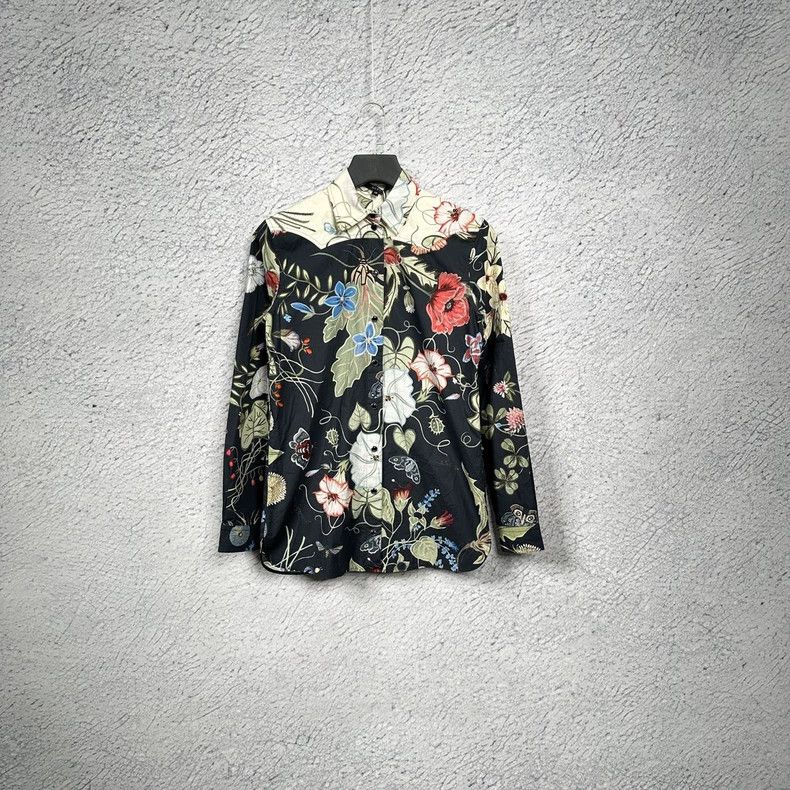 GucciMulberry silk morning glory print lapel shirt shirt 25