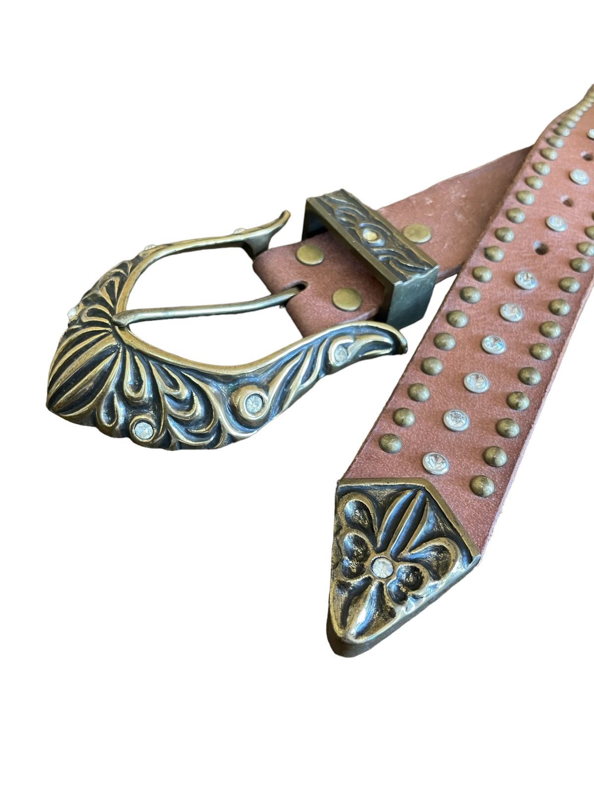 Affliction × If Six Was Nine × Le Grande Bleu (L.G.B.) Vintage Bianro Dagger Rhinestones Studded Brass Leather Belt Size ONE SIZE - 6 Thumbnail