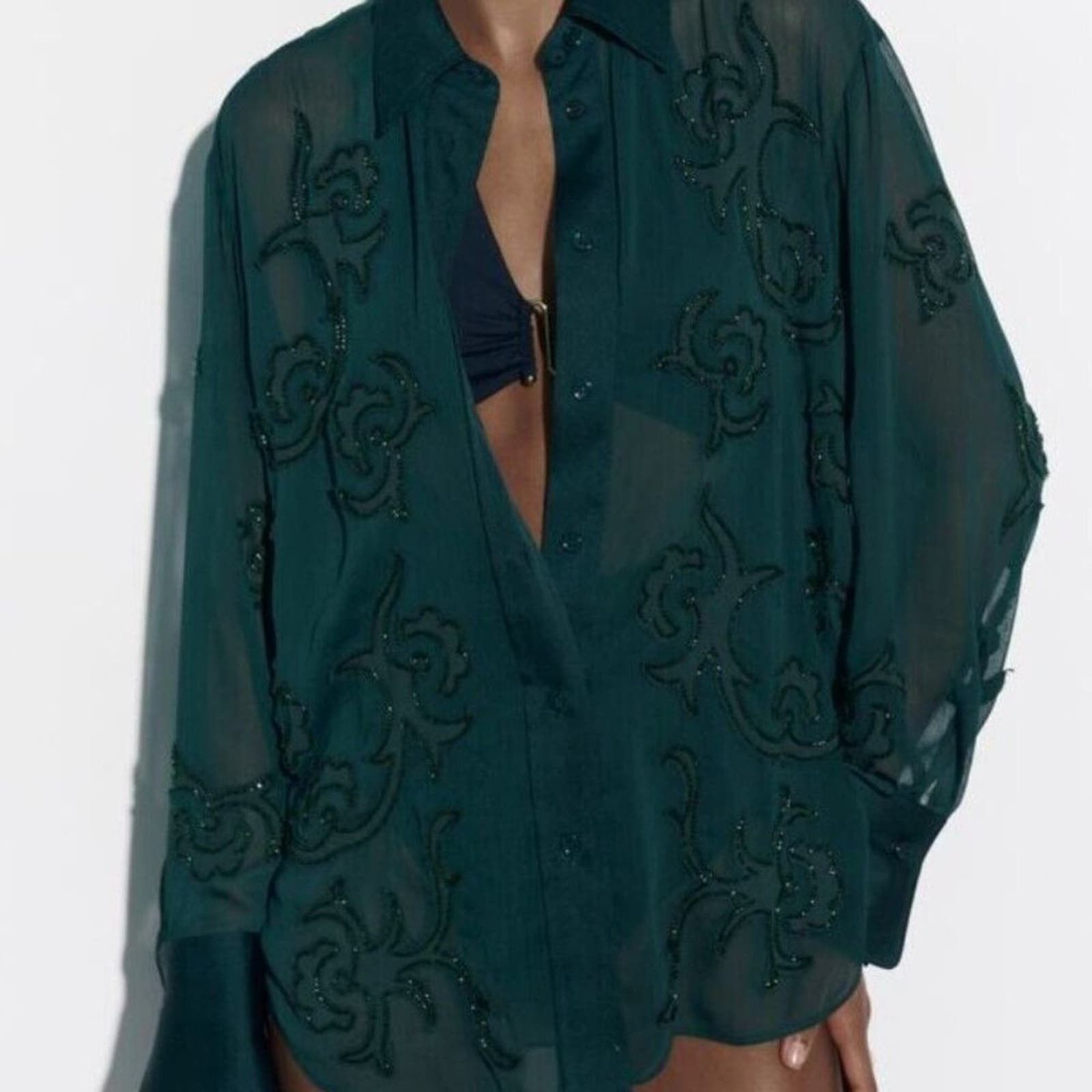 image of Zara Green Sheer Beaded Long Shirt Curved Hem Blouse, Women's (Size Small)