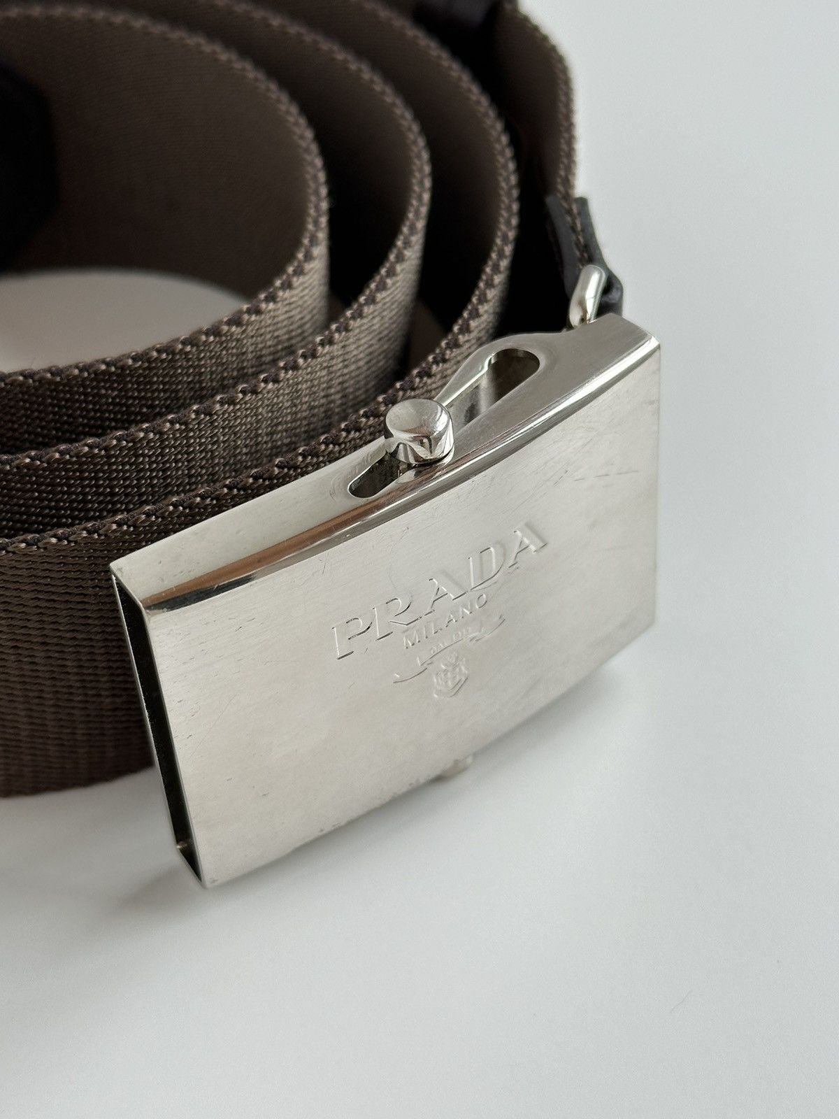 Prada Prada Logo Metal Silver Buckle Nylon / Leather Belt Size ONE SIZE - 3 Thumbnail