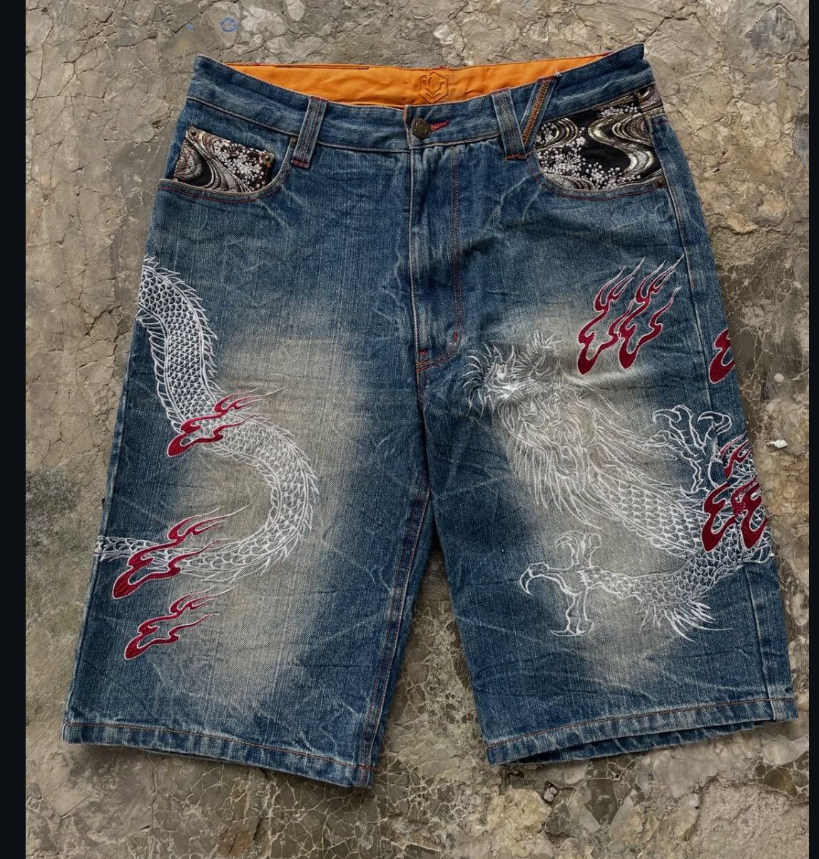 Japanese Brand 2000s Karakuri Tradisional Dragon Embroidery Jorts Denim y2k Size US 34 / EU 50 - 2 Thumbnail