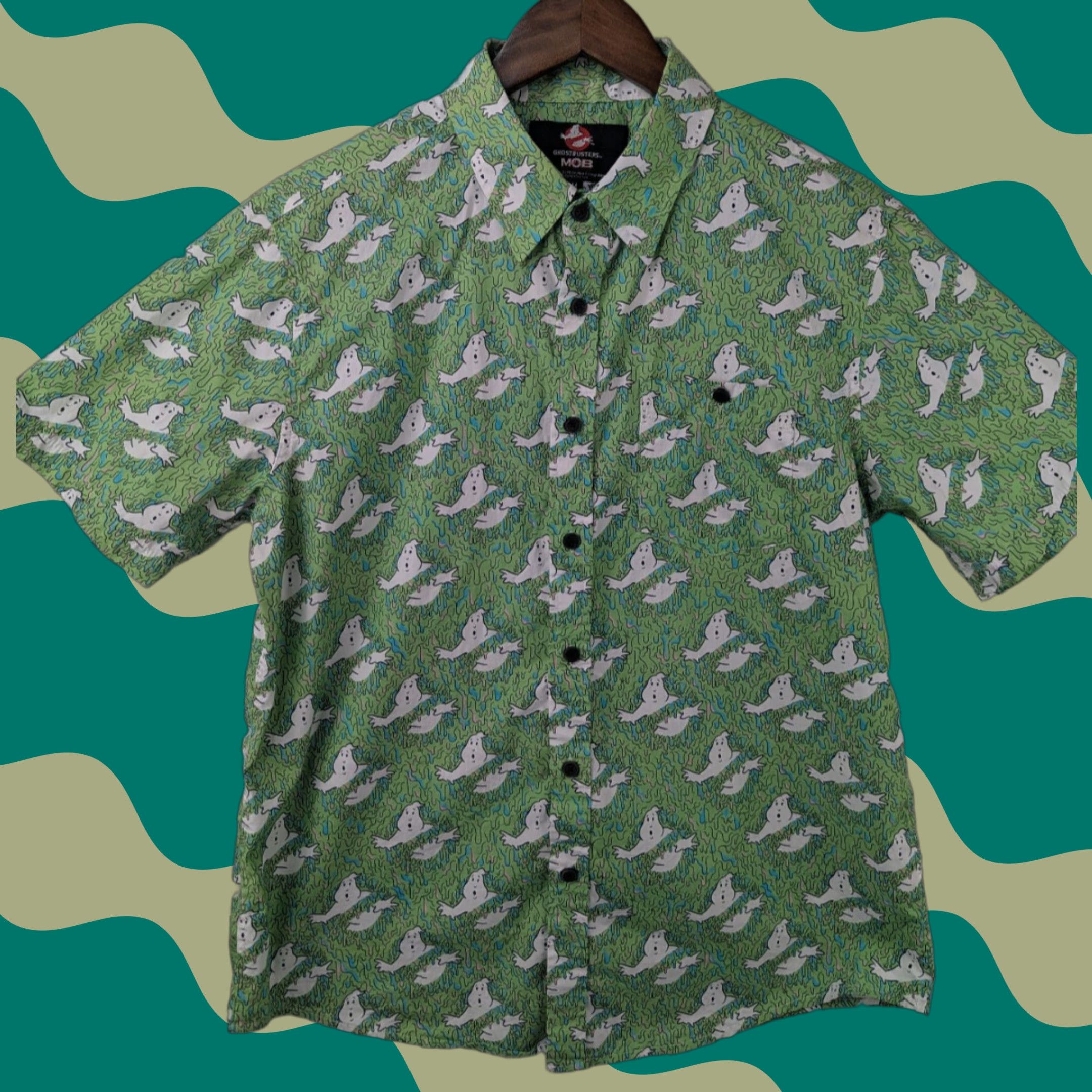 Vintage Middle of Beyond Ghostbusters Button-Up Shirt Men's M Green Graphic Print Cotton Short Sleeve Casual Trimmed Collar Mens Size US M / EU 48-50 / 2 - 1 Thumbnail