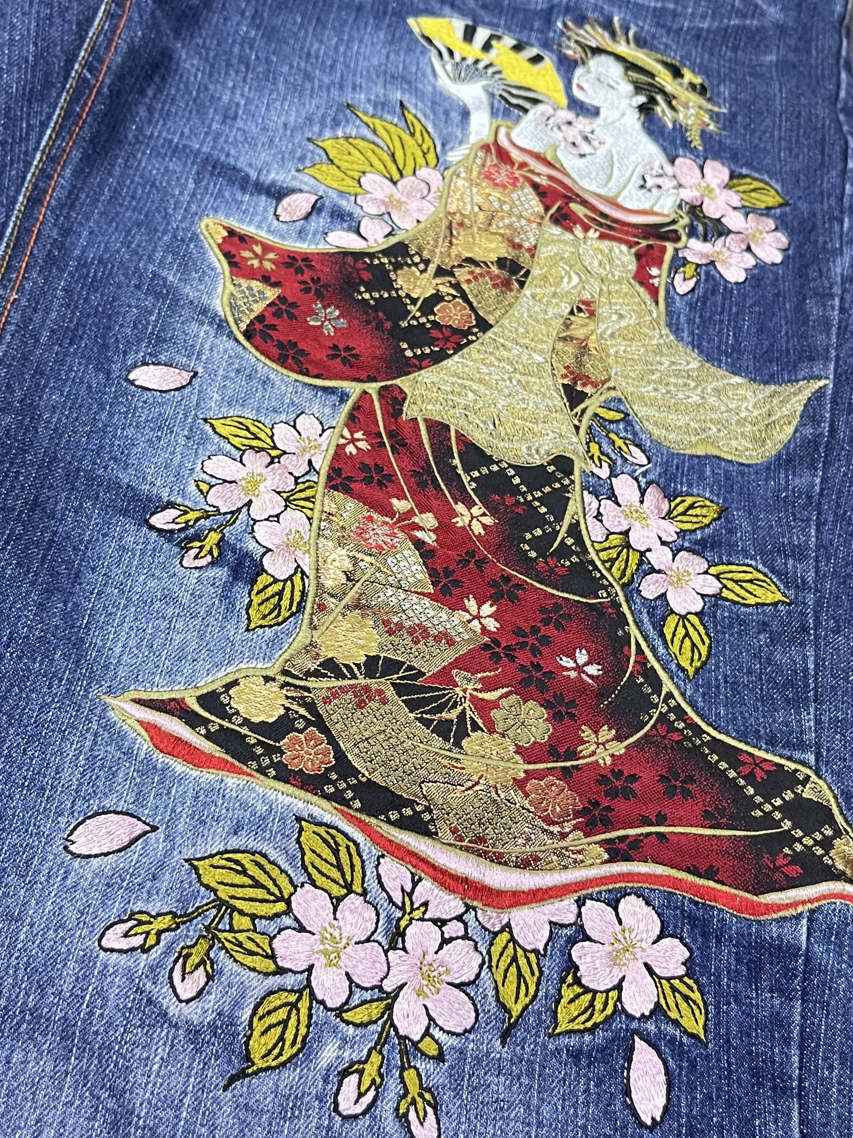 Addict Clothes Japan GEISHA & SAKURA Big Embroidery Baggy Fit Karakuri Denim Jpn Size US 35 - 17 Thumbnail