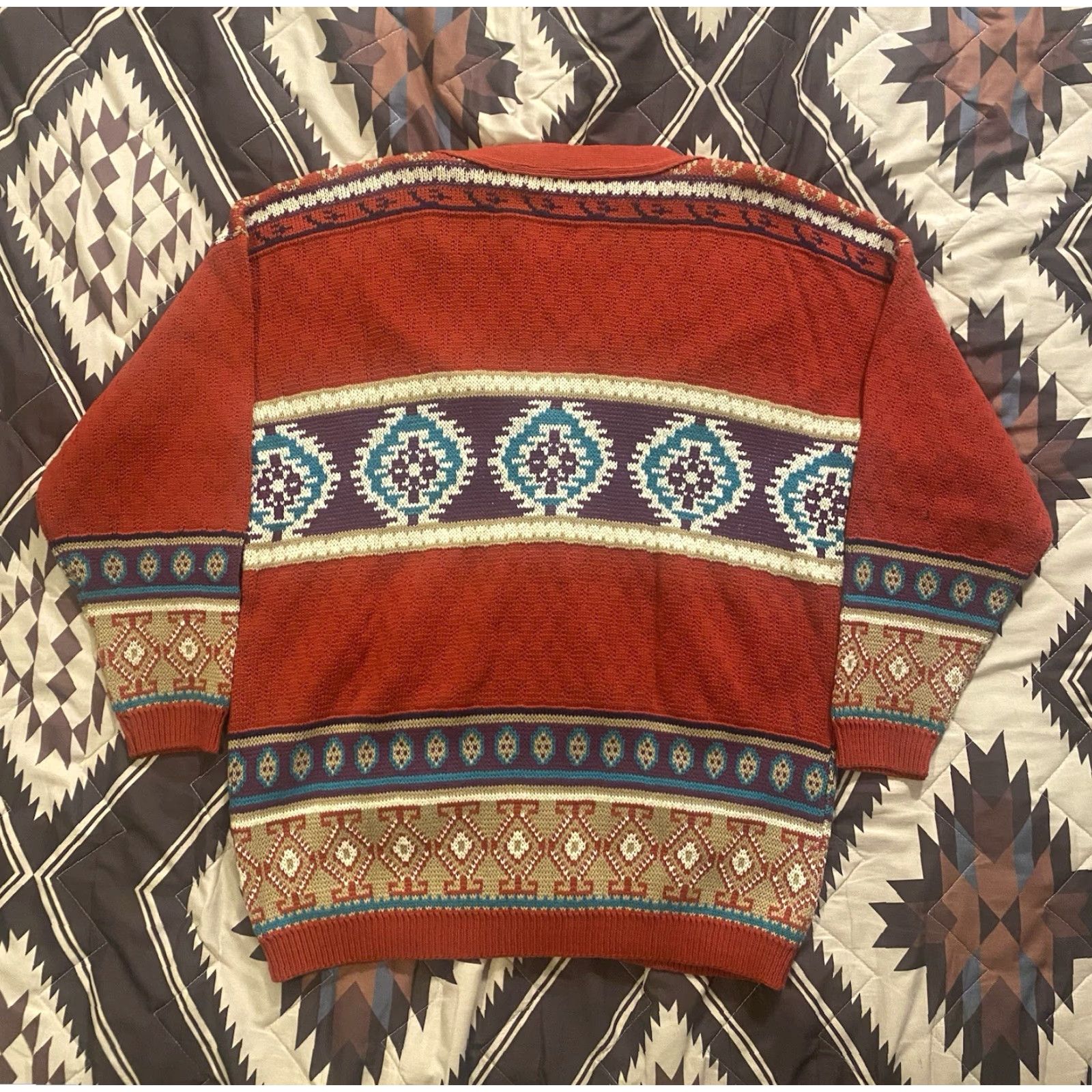 Loft VINTAGE Sweater Loft Knit Cardigan Aztec 100% Cotton Women’s Large Made In USA Size L / US 10 / IT 46 - 2 Thumbnail