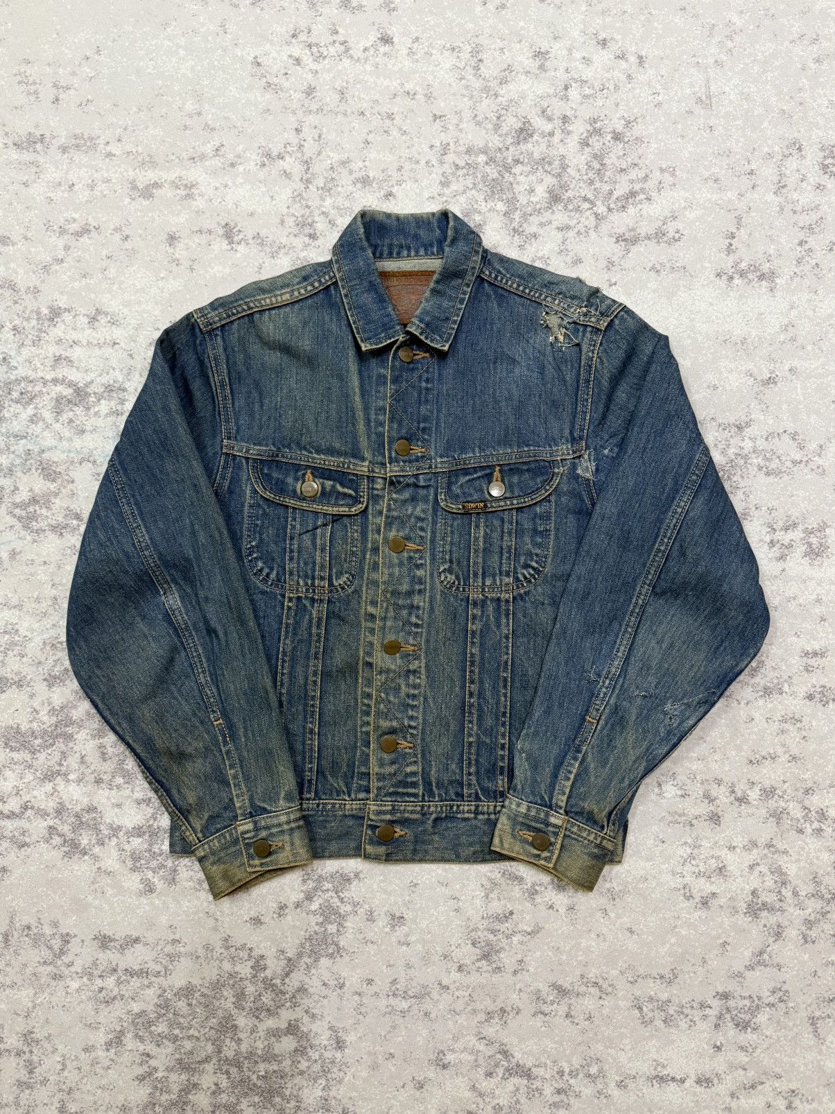 Edwin Vintage 80s Edwin Distressed Denim Trucker Jacket Jeans Size US S / EU 44-46 / 1 - 3 Thumbnail