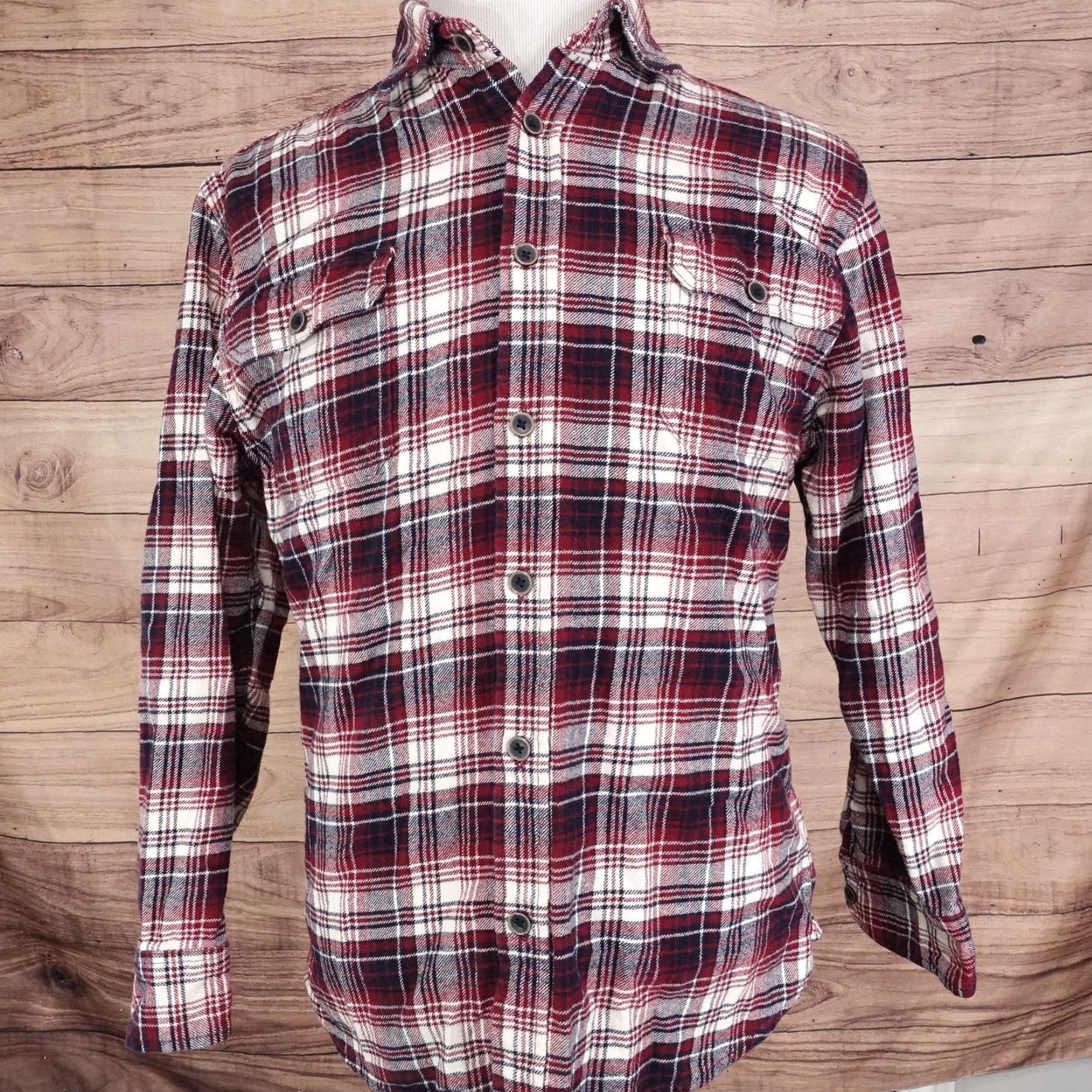 Vintage JACHS Shirt Mens Large Red Navy Plaid Flannel Long Sleeve Button Front Cotton Size US L / EU 52-54 / 3 - 3 Thumbnail
