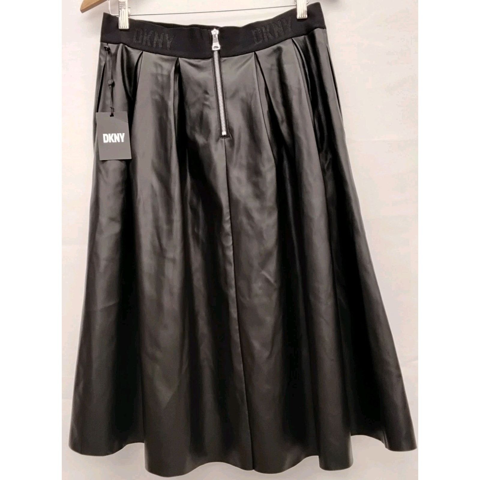 DKNY DKNY Pleather A-Line Skirt Women's M Black Pleats Midi NWT Size 32" / US 10 / IT 46 - 3 Thumbnail