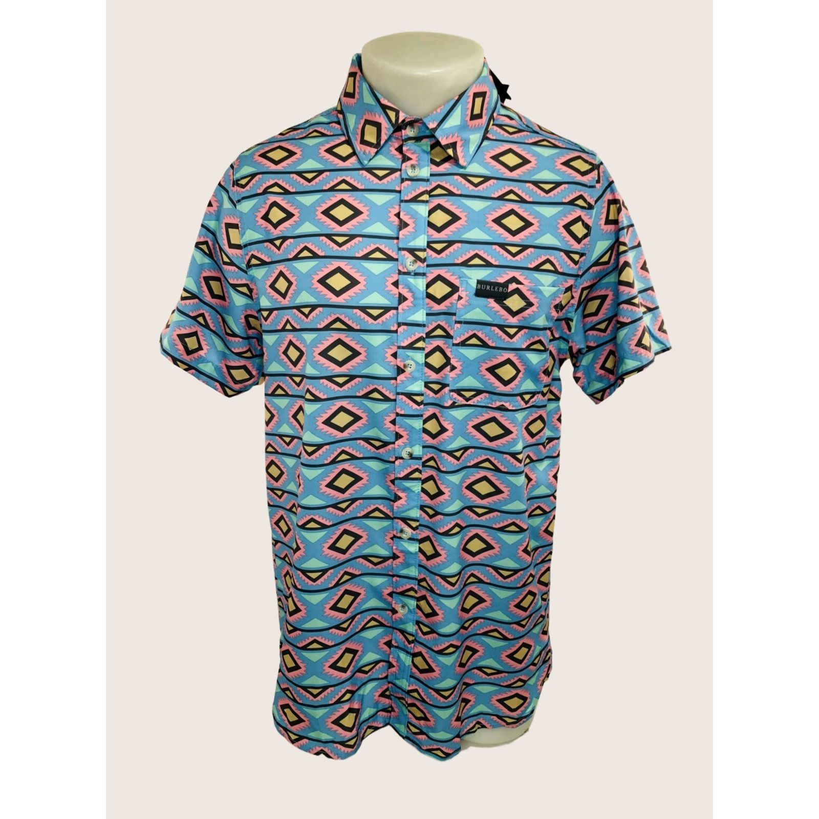 Vintage Burlebo Shirt Mens M Aztec Southwest Button-Up Short Sleeve Blue Pink Tan Brown Green Tag New} Size US M / EU 48-50 / 2 - 1 Thumbnail