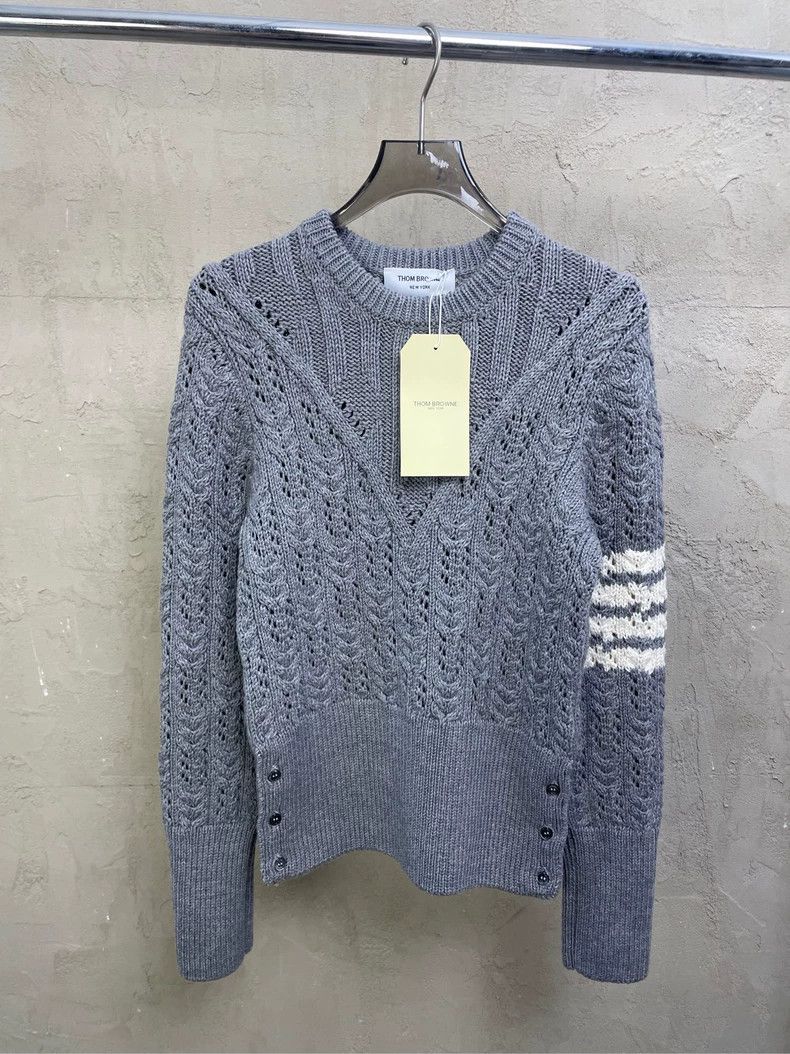 Thom Browne Thom browne Gray four-striped knitted mesh jacquart round-n Size US XXS / EU 40 - 1 Thumbnail