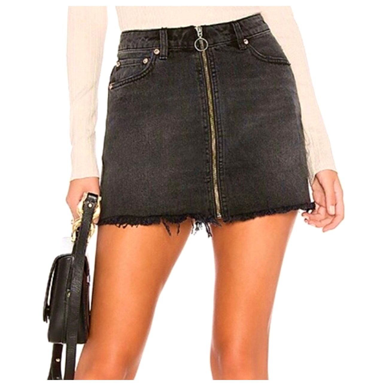 Free People Free People Zip It Up Denim Skirt Haven Black 31 Size 31" - 4 Thumbnail