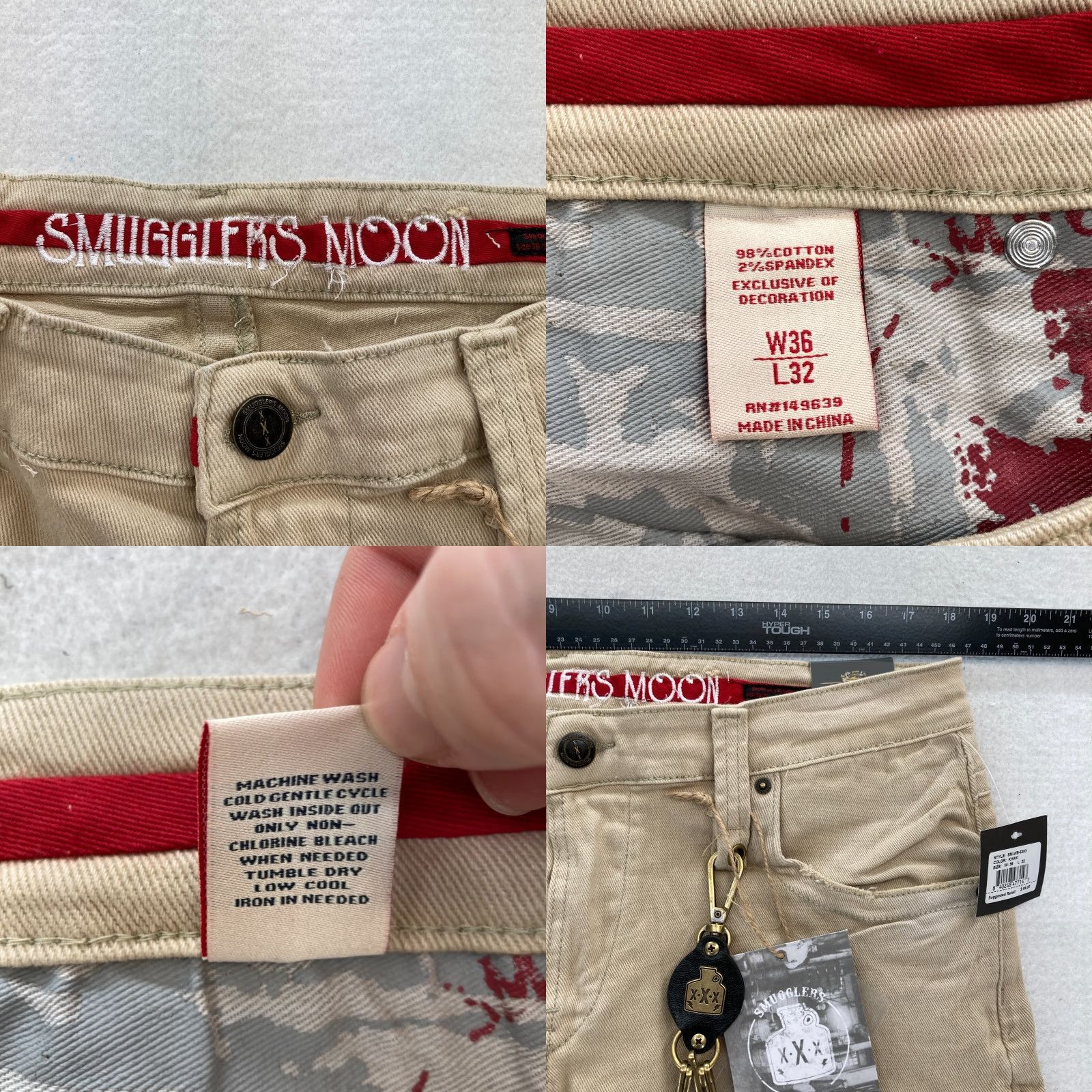 Denime Smugglers Moon Jeans Mens 36x32 Khaki Beige Denim Button Fly Roll Up Distressed Slim Skinny 5-Pocket Gothic Punk Skull Logo Denim Mens Size US 36 / EU 52 - 8 Thumbnail